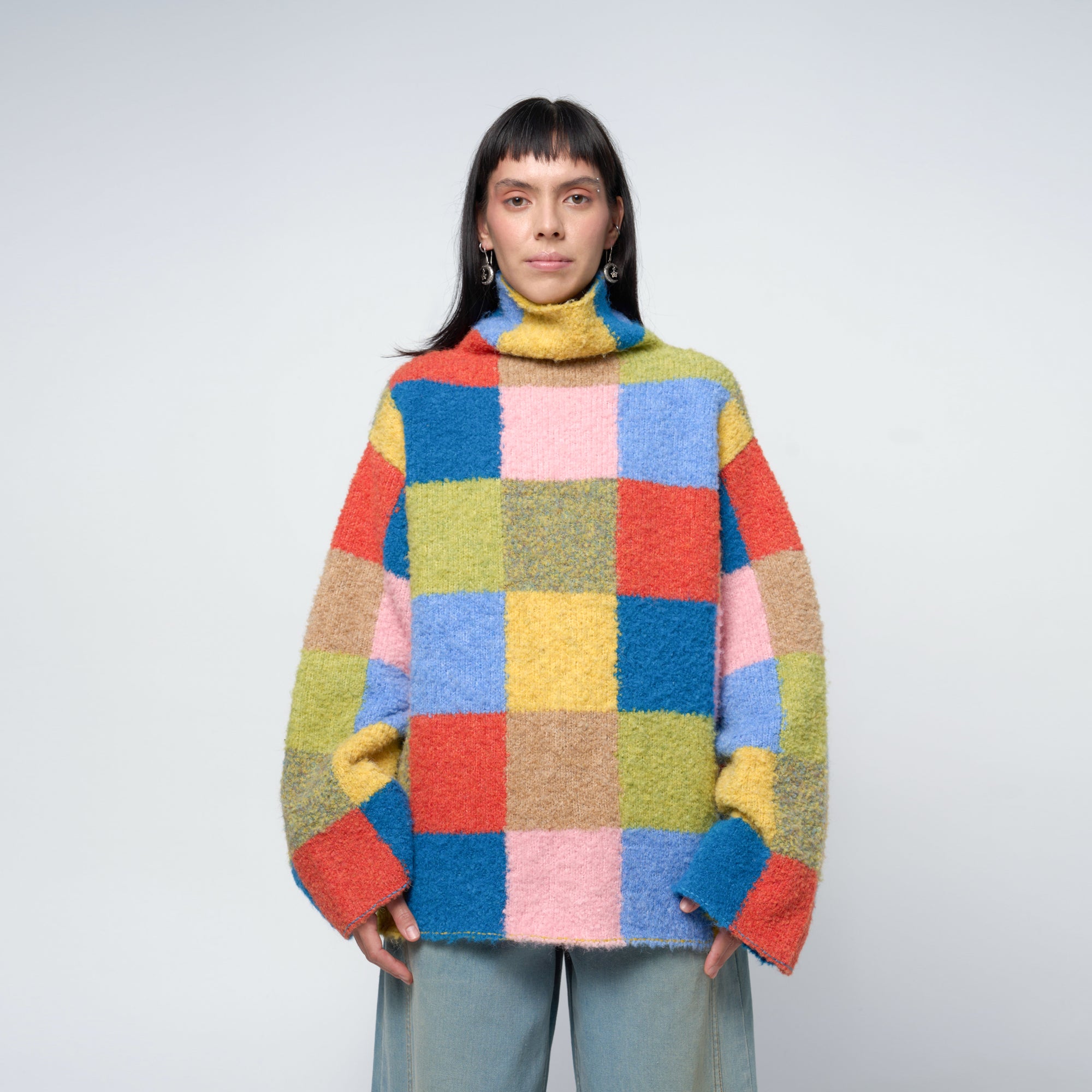 Arthur Apparel Oversized Funnel Neck Sweater in multi-colour checkered jacquard