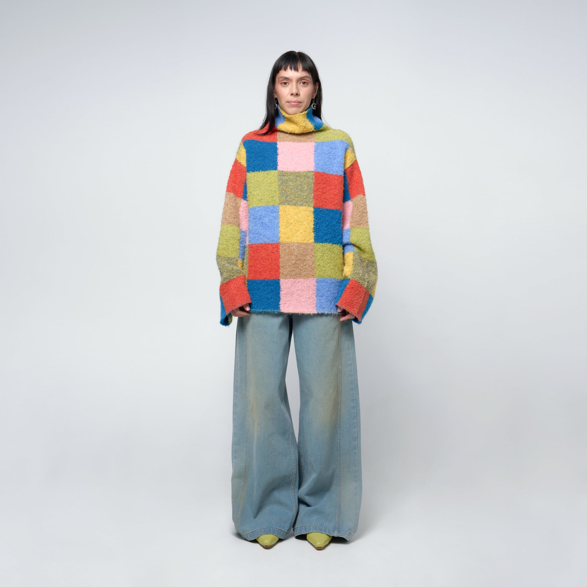 Arthur Apparel Oversized Funnel Neck Sweater in multi-colour checkered jacquard