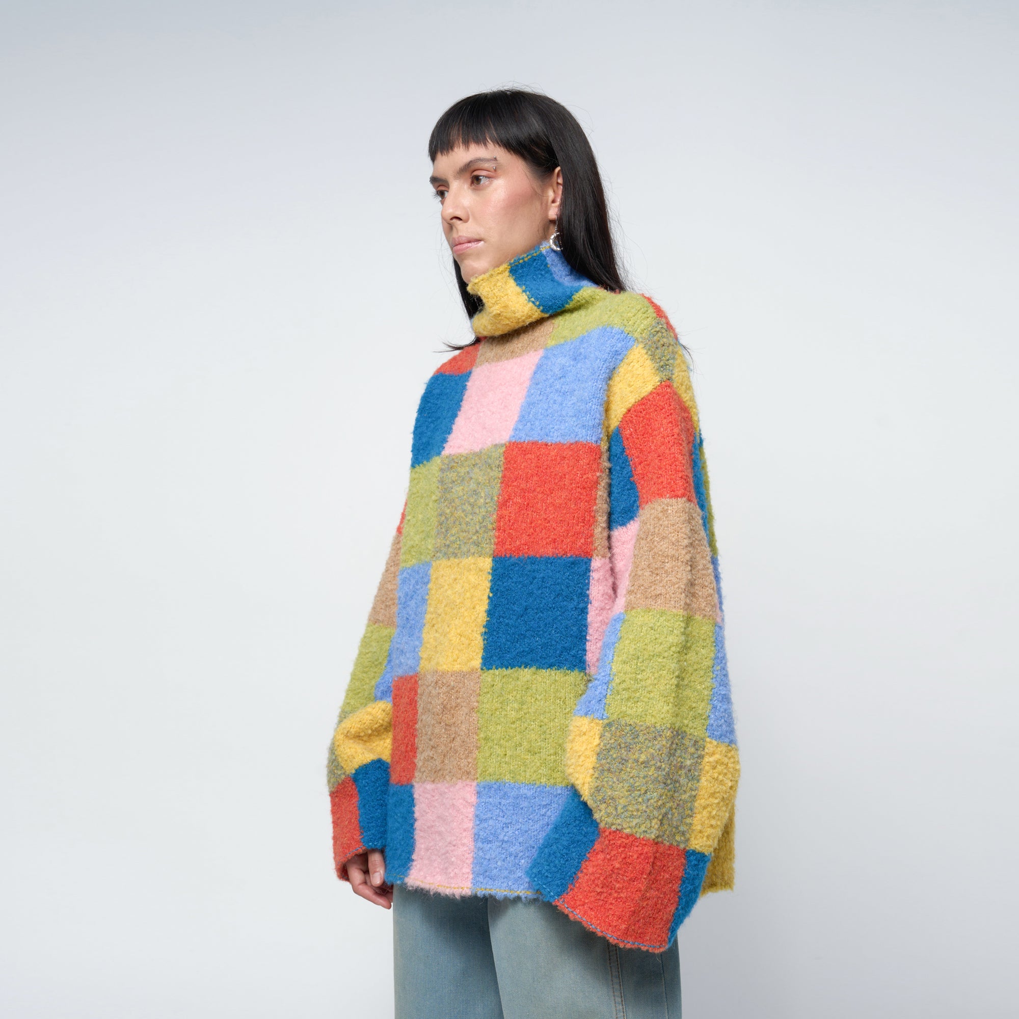 Arthur Apparel Oversized Funnel Neck Sweater in multi-colour checkered jacquard