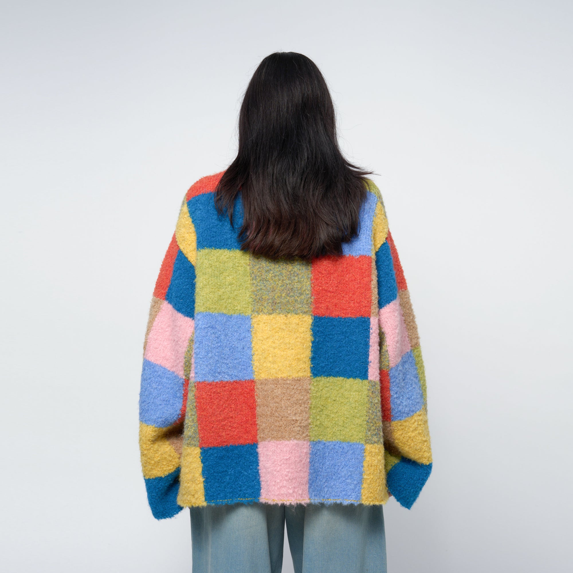 Arthur Apparel Oversized Funnel Neck Sweater in multi-colour checkered jacquard