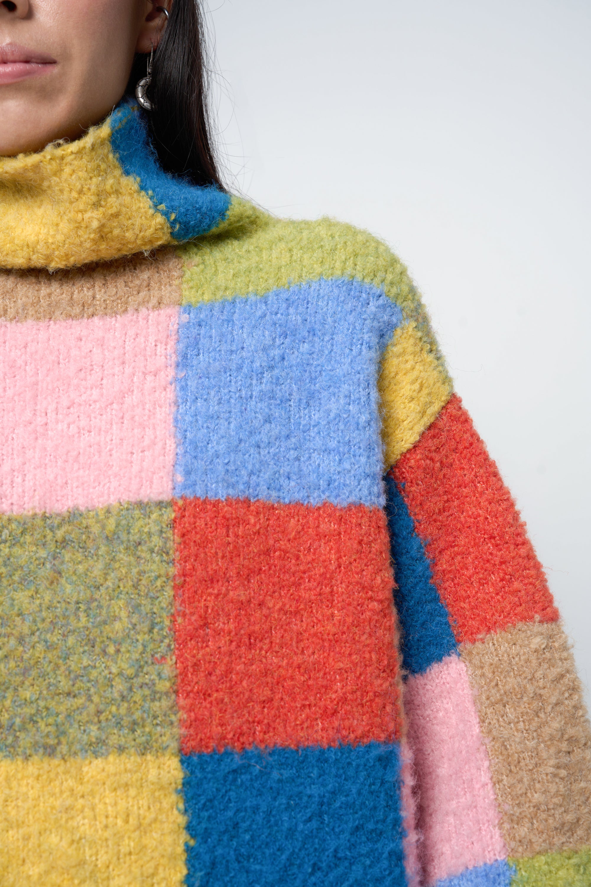 Arthur Apparel Oversized Funnel Neck Sweater in multi-colour checkered jacquard