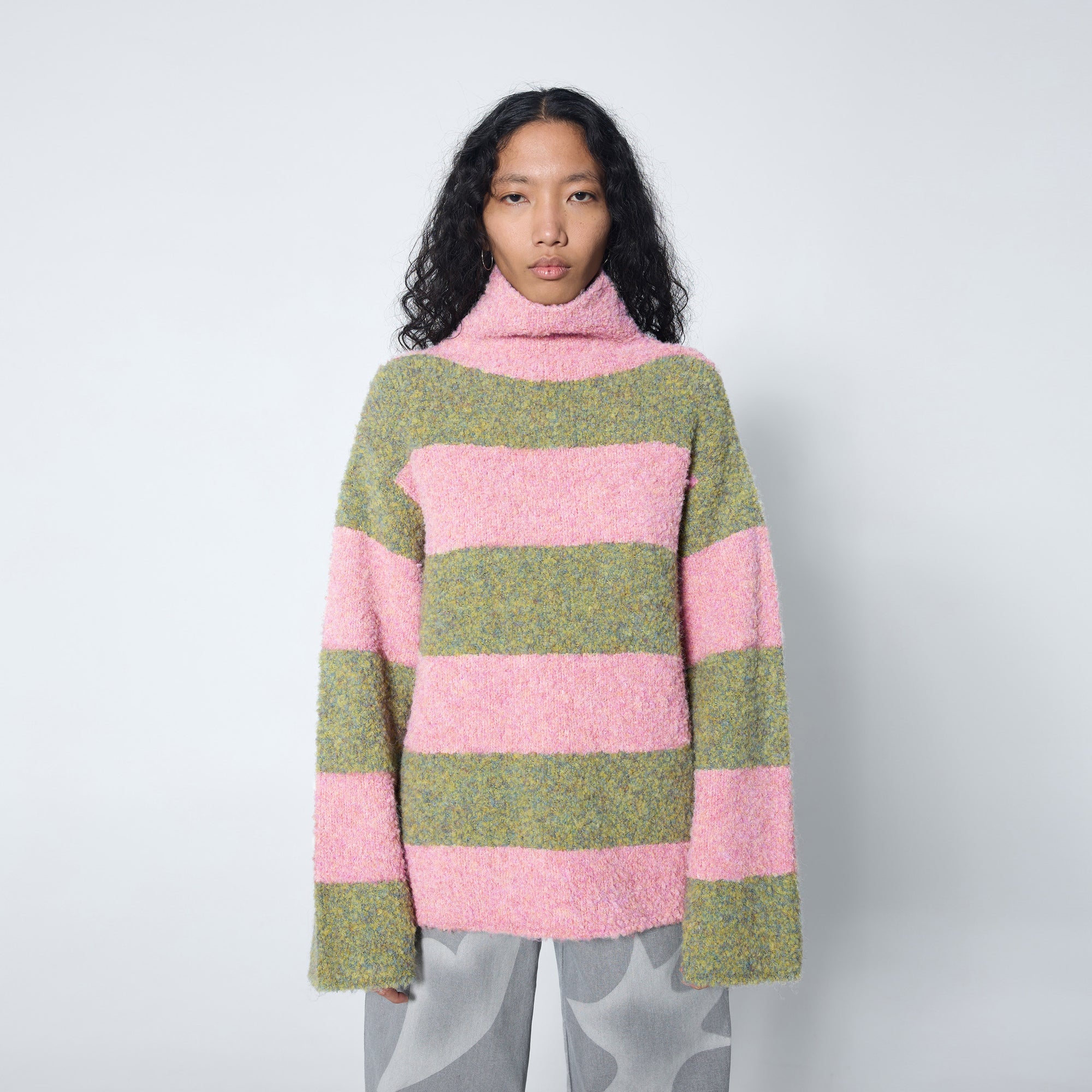 Arthur Apparel Oversized Funnel Neck Sweater in pink and green striped wool blend