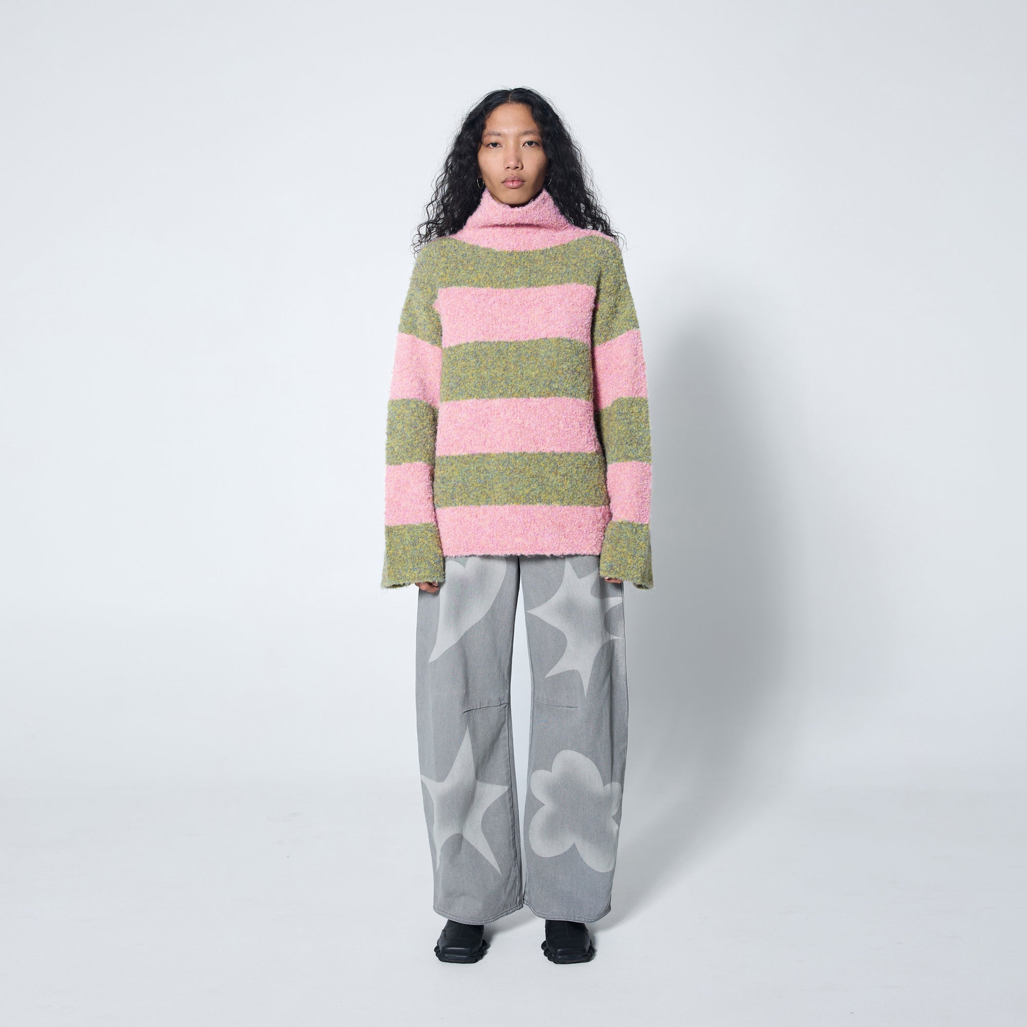 Arthur Apparel Oversized Funnel Neck Sweater in pink and green striped wool blend