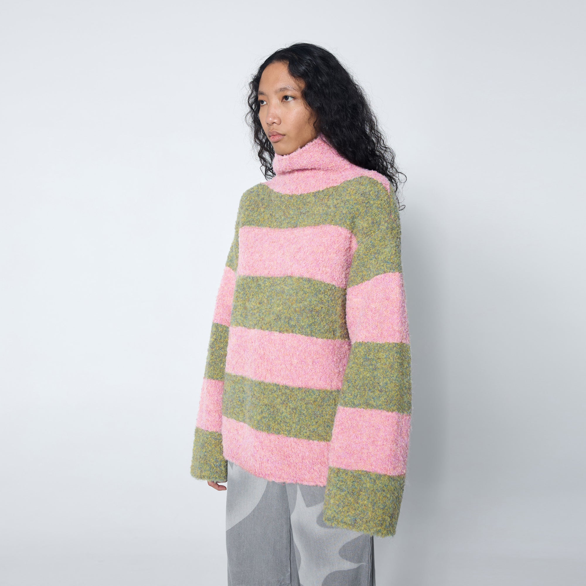 Arthur Apparel Oversized Funnel Neck Sweater in pink and green striped wool blend