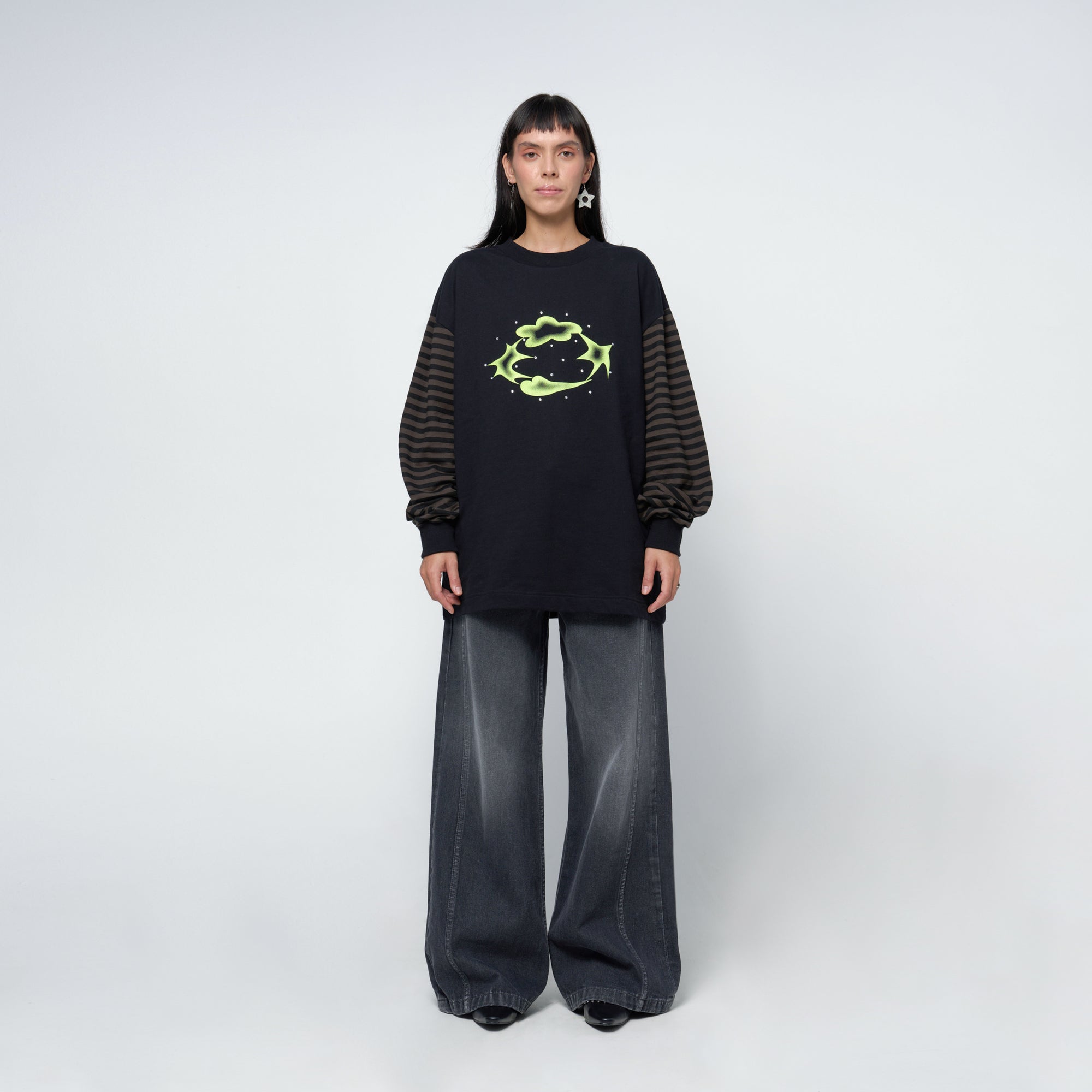 Arthur Apparel oversized t-shirt with stripe sleeves and screen print artwork