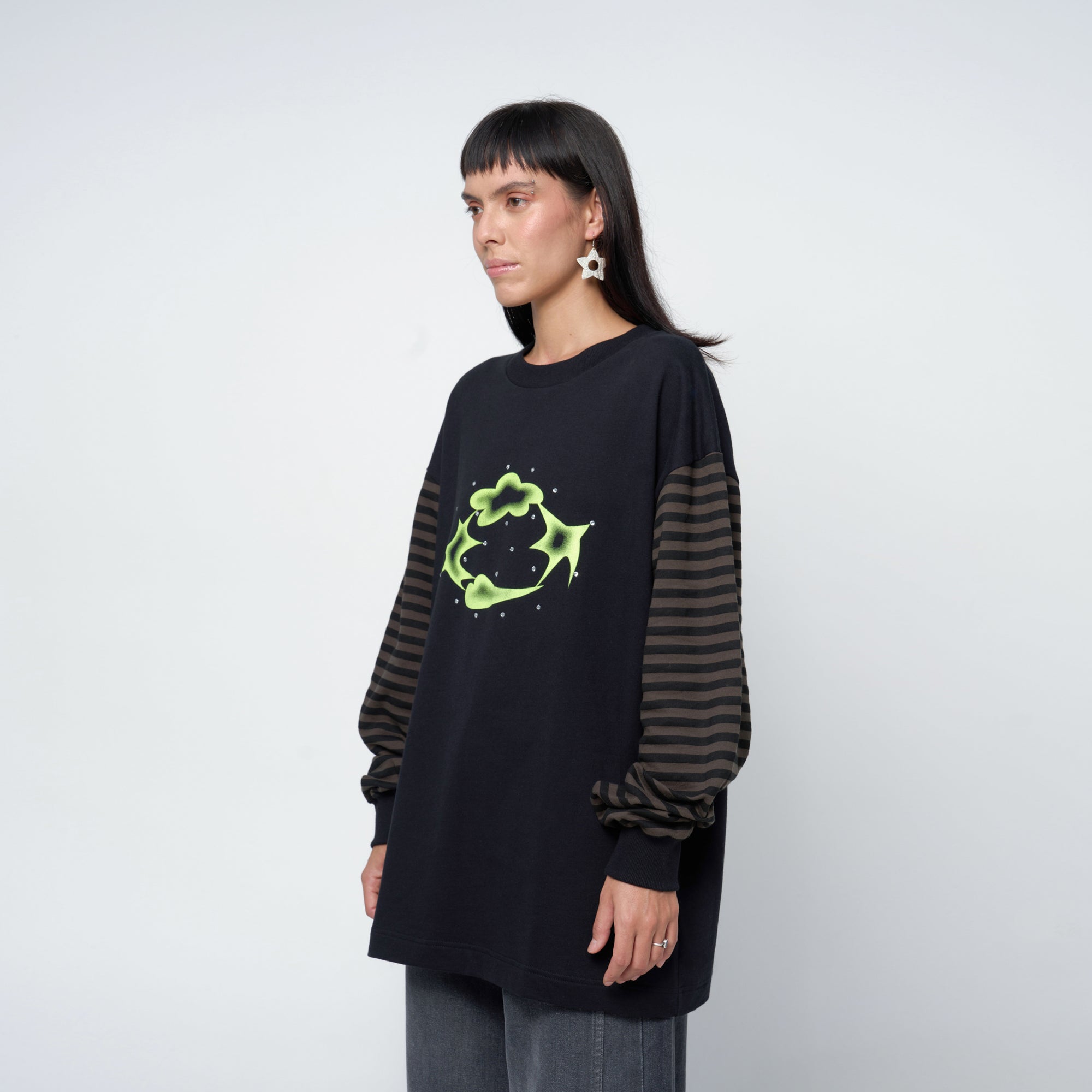 Arthur Apparel oversized t-shirt with stripe sleeves and screen print artwork