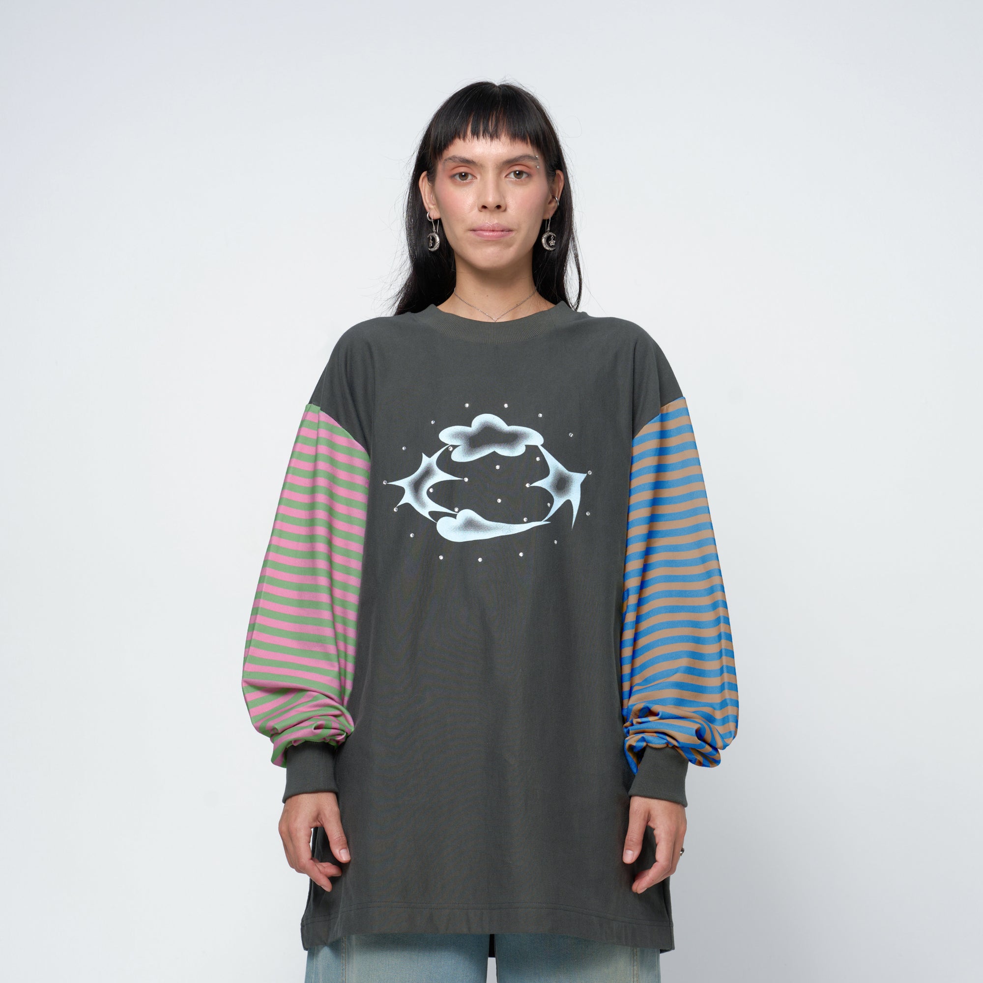 Arthur Apparel oversized t-shirt with stripe sleeves and silver rhinestones