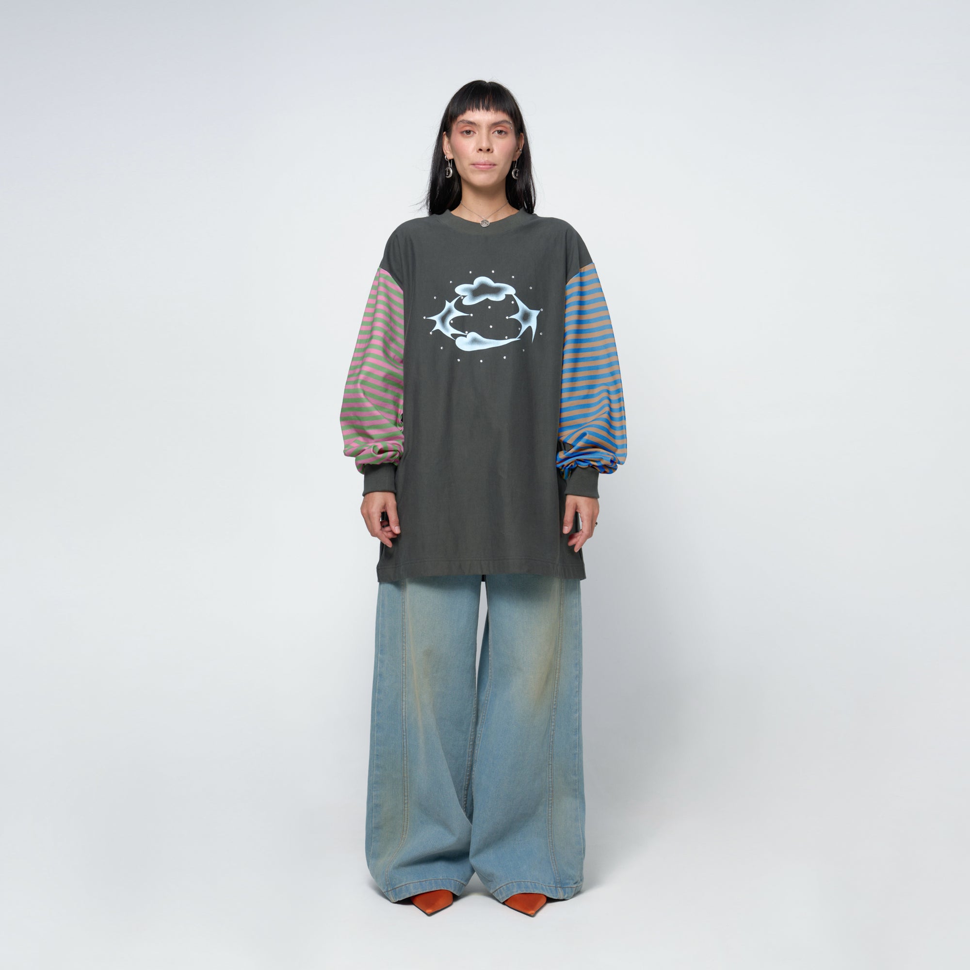 Arthur Apparel oversized t-shirt with stripe sleeves and silver rhinestones