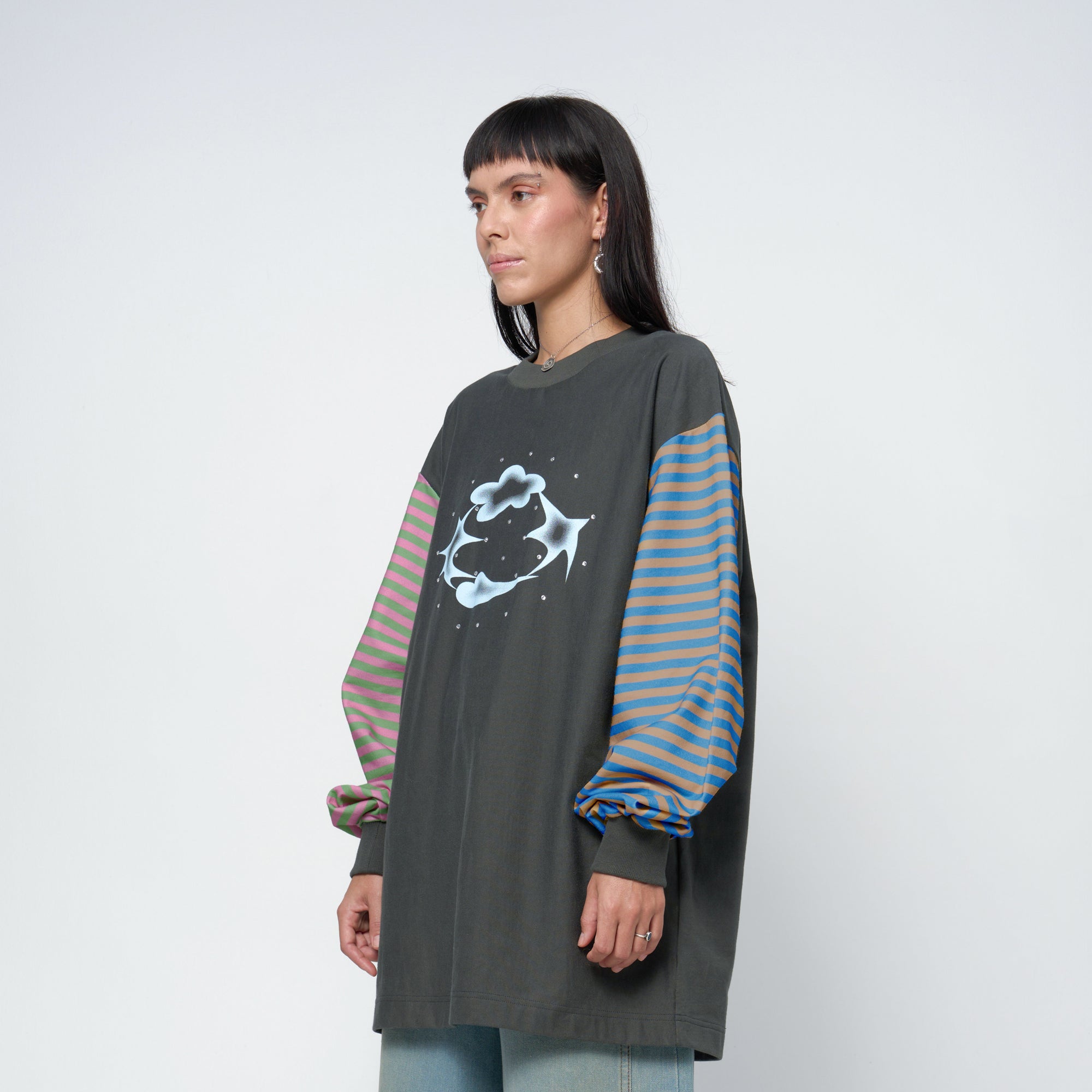 Arthur Apparel oversized t-shirt with stripe sleeves and silver rhinestones