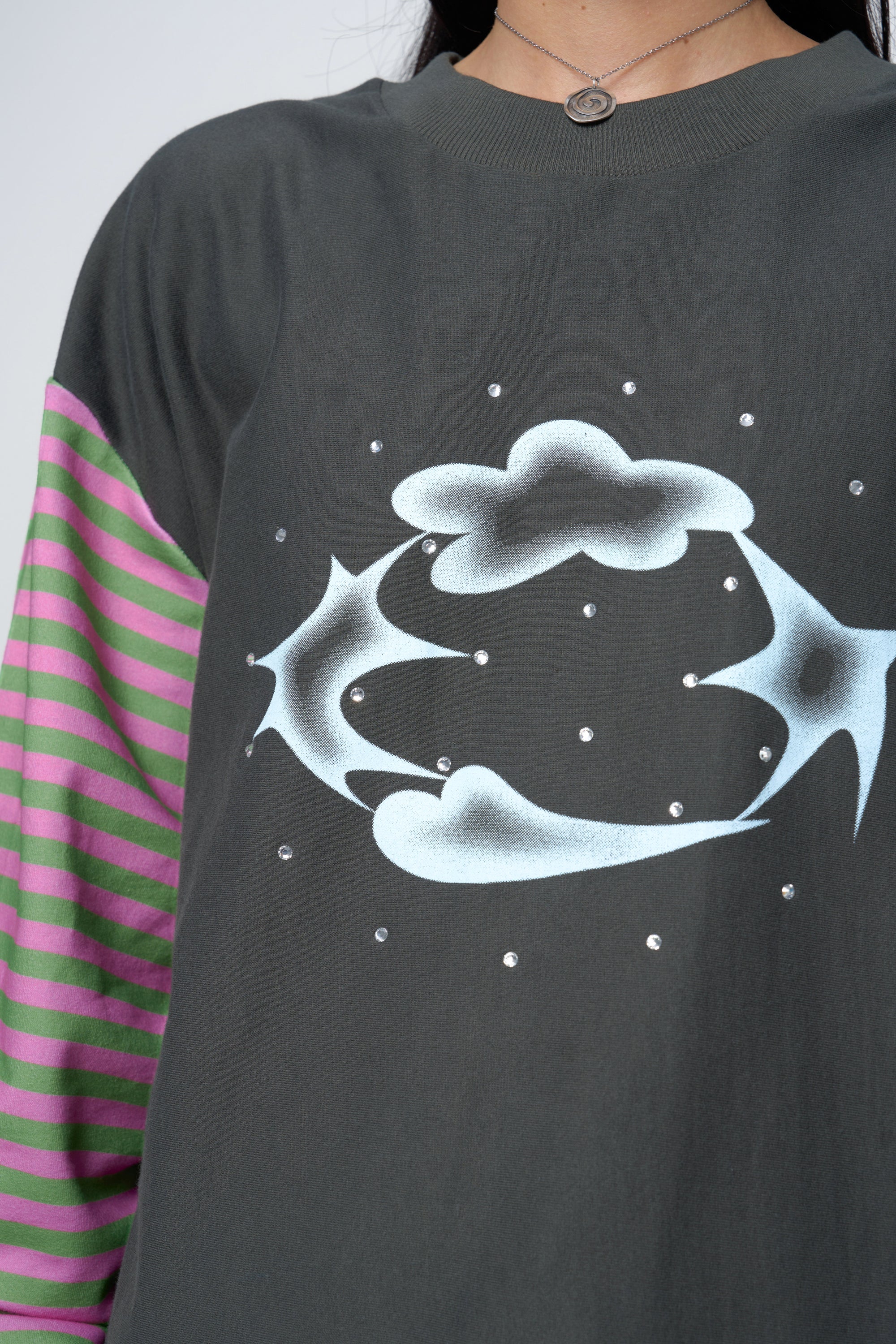 Arthur Apparel oversized t-shirt with stripe sleeves and silver rhinestones