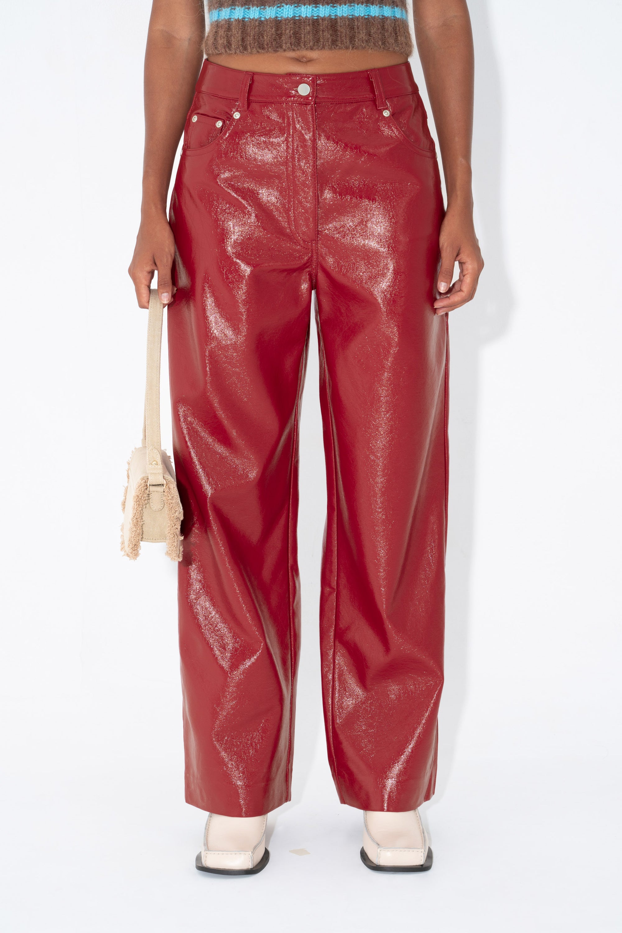 Arthur Apparel Mid Rise Red Patent Leather Trousers