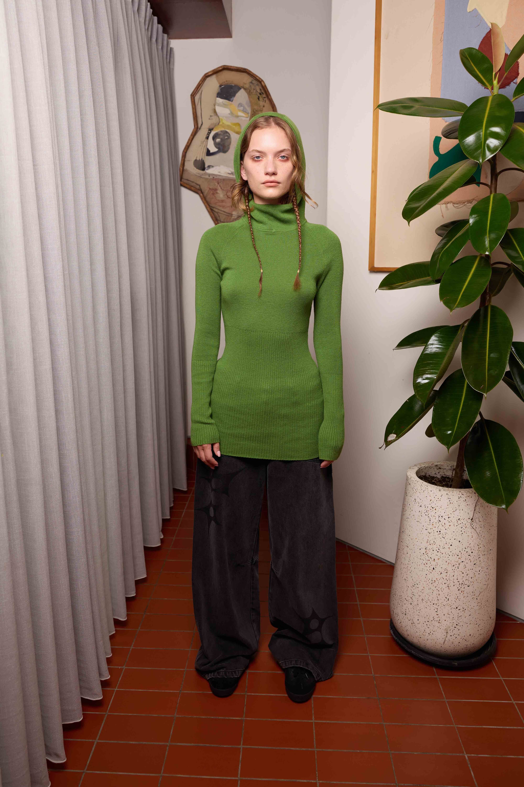 Arthur Apparel green knitted long sleeve skivvy with built-in hood