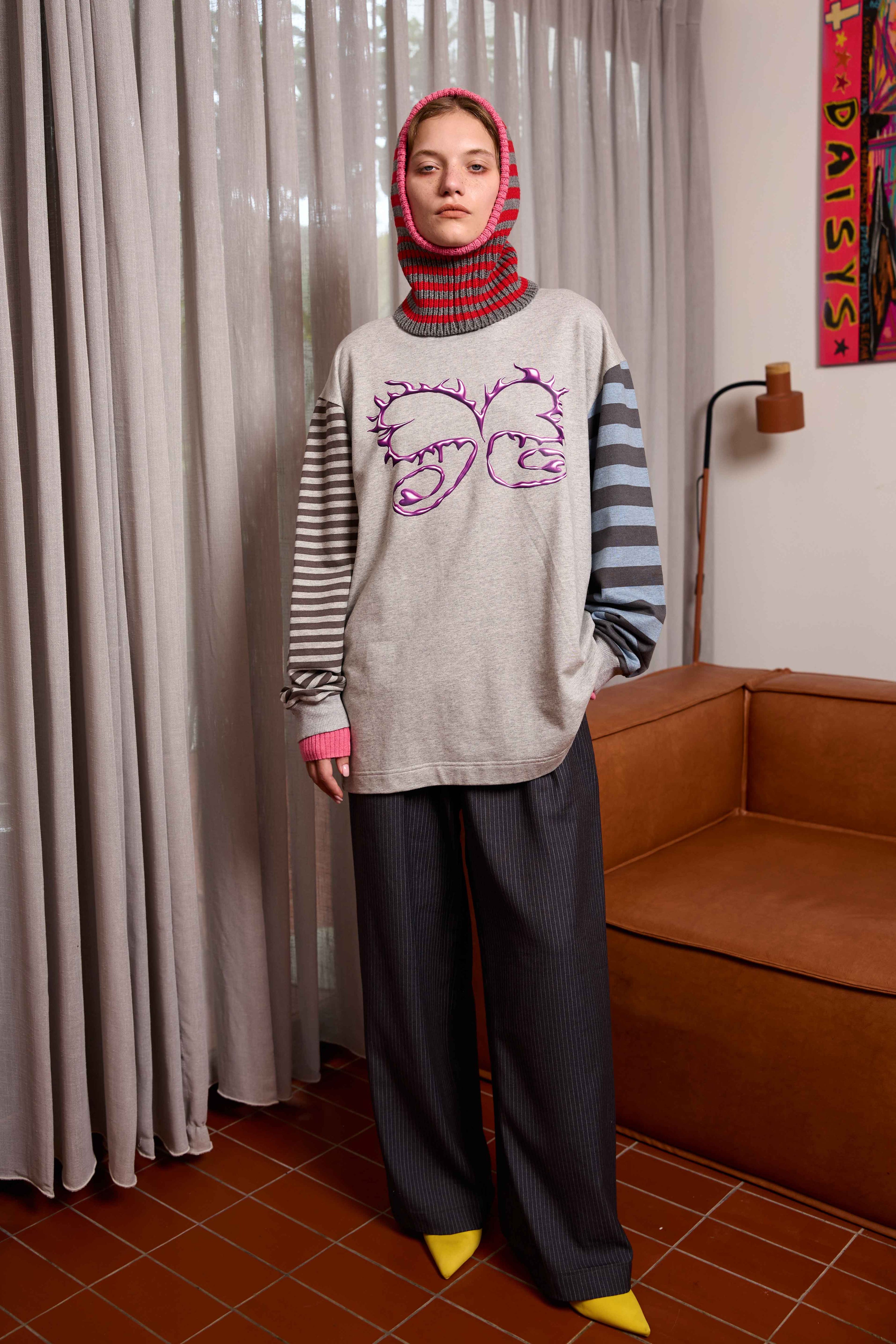Arthur Apparel long sleeve tshirt in grey-tone baby terry with graphic pink heart print