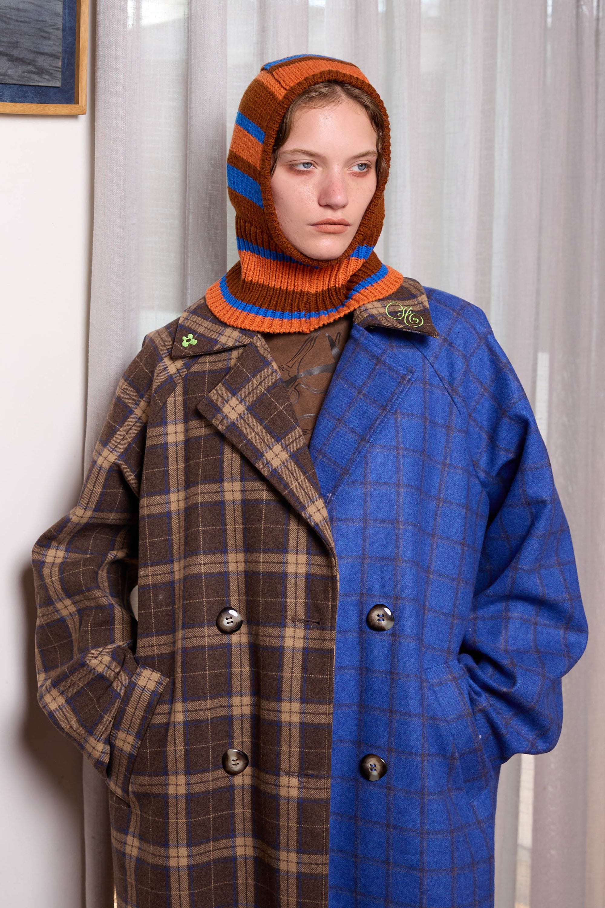 Arthur Apparel oversized double breasted coat in blue and brown plaid wool blend fabric