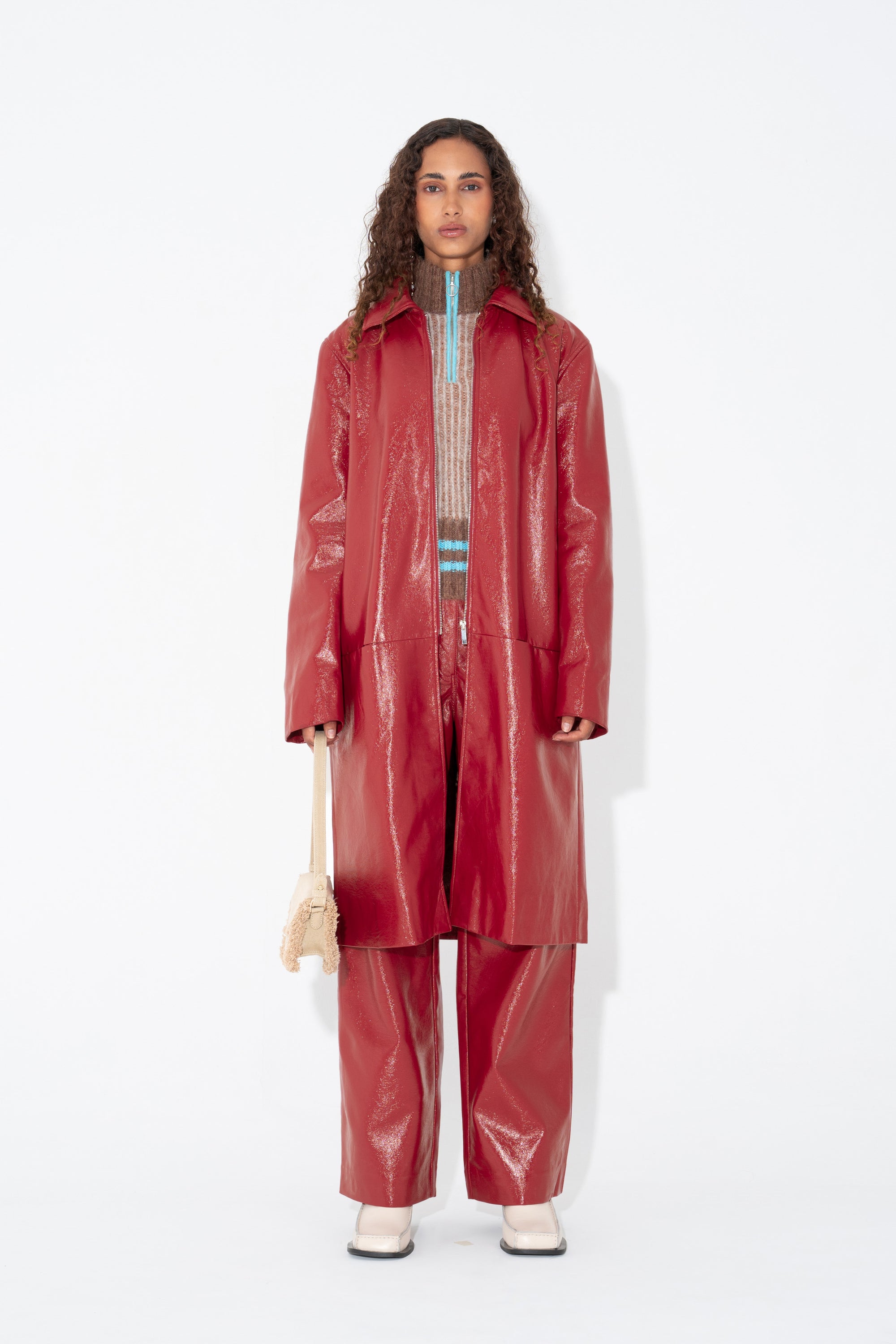 Arthur Apparel Oversized Red Patent Leather Coat