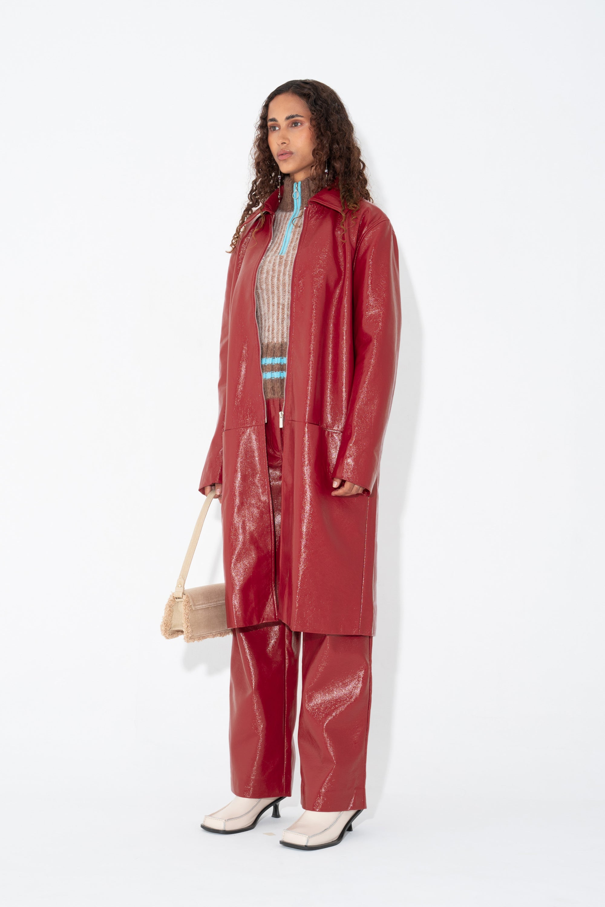 Arthur Apparel Oversized Red Patent Leather Coat