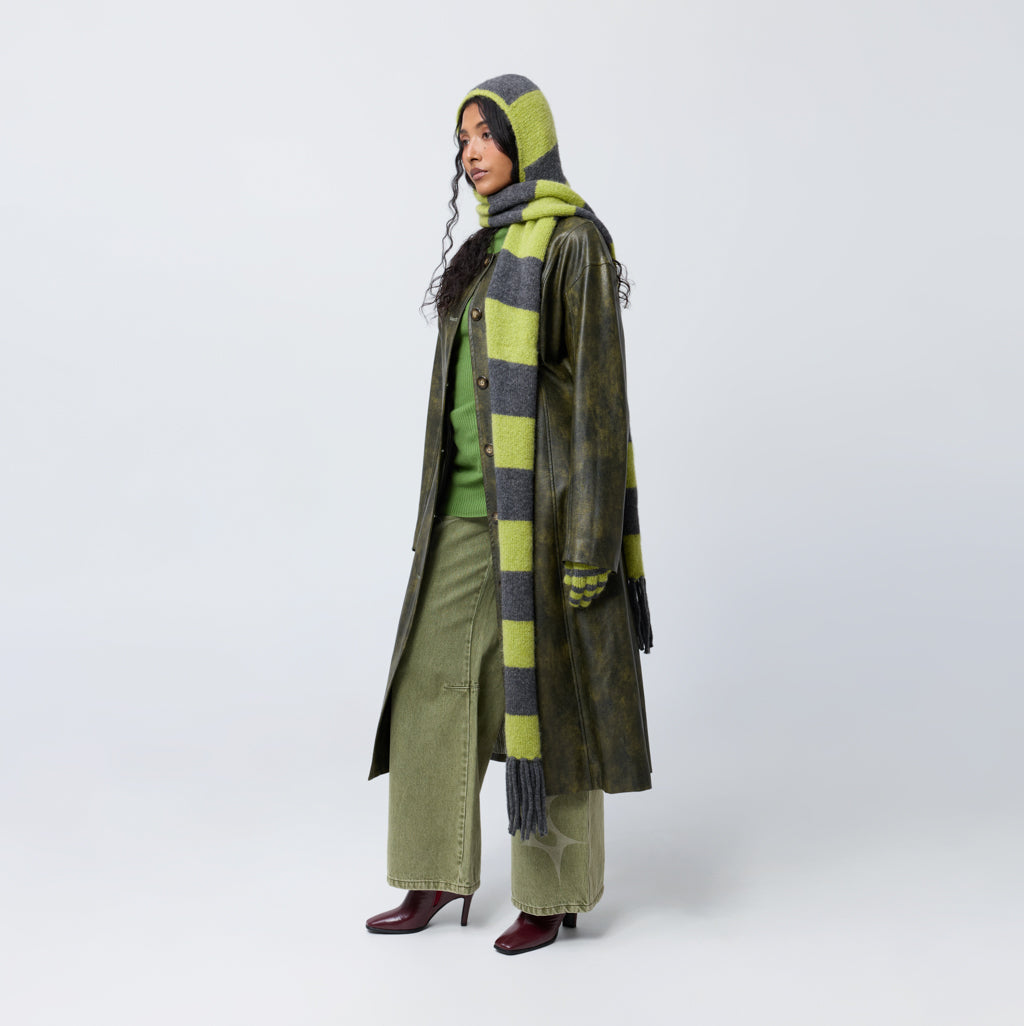 Arthur Apparel green/grey wool knitted scarf with built in hood
