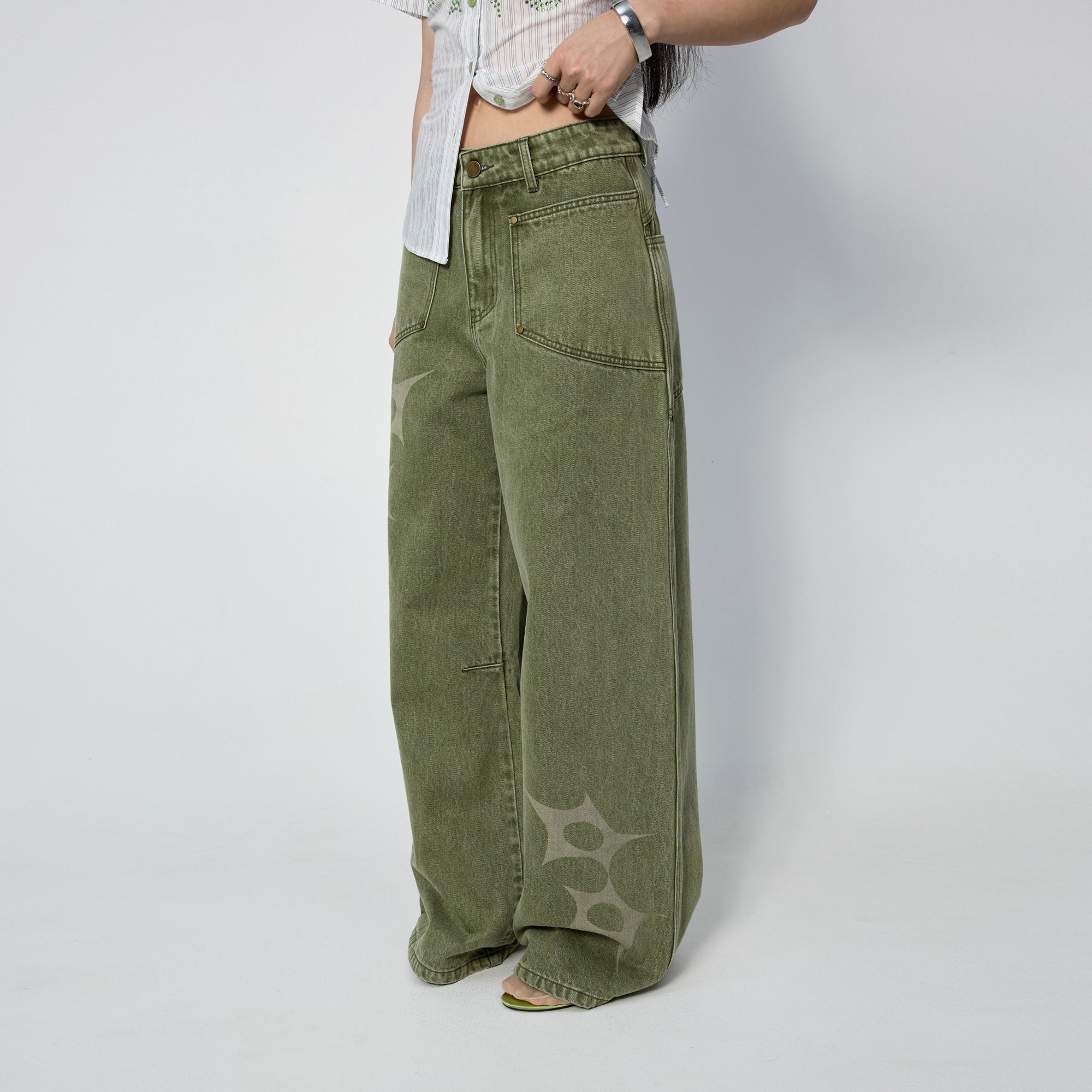 Arthur Apparel green straight leg jeans with stars print