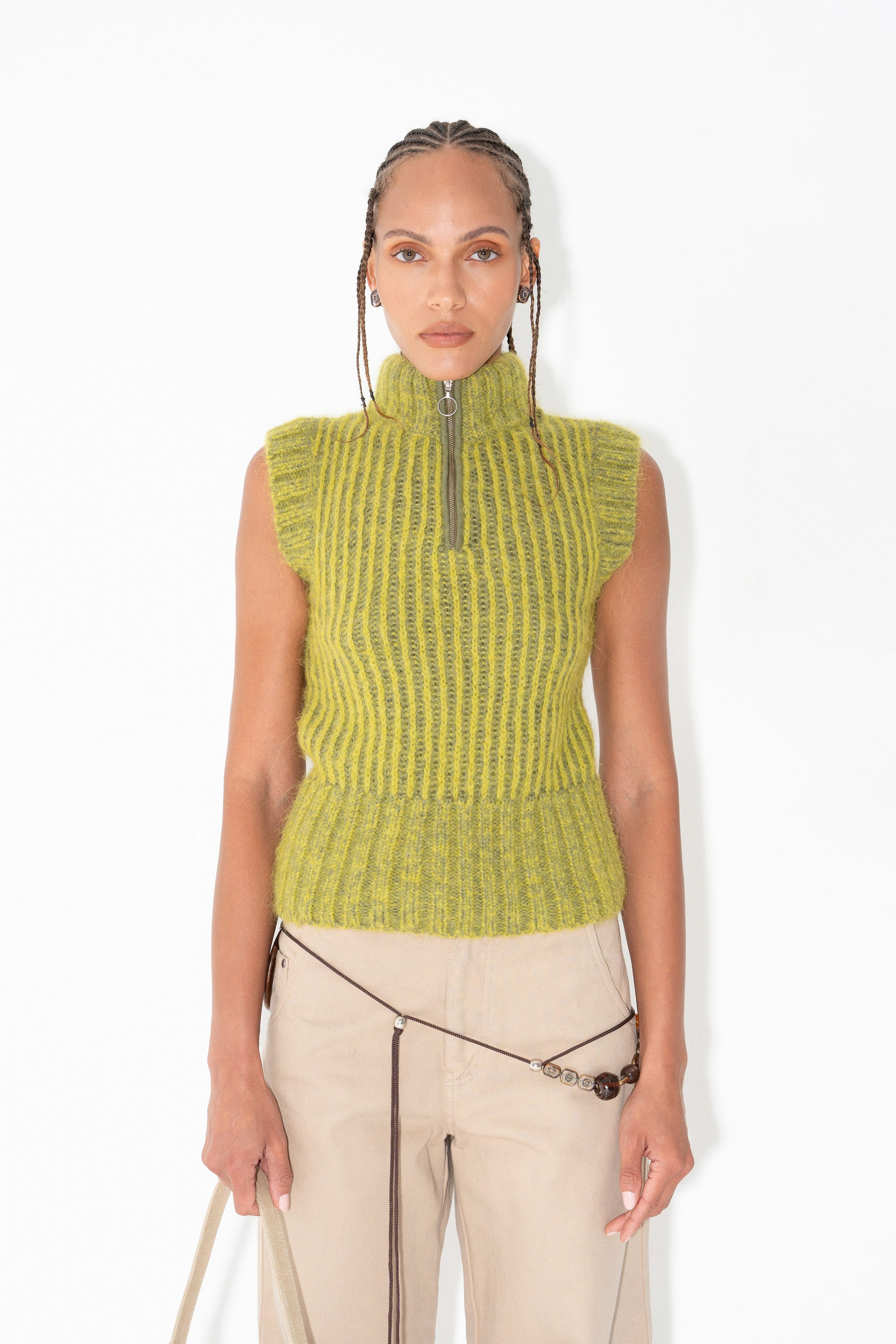 Arthur Apparel Two-tone Green Fluffy Knitted Vest
