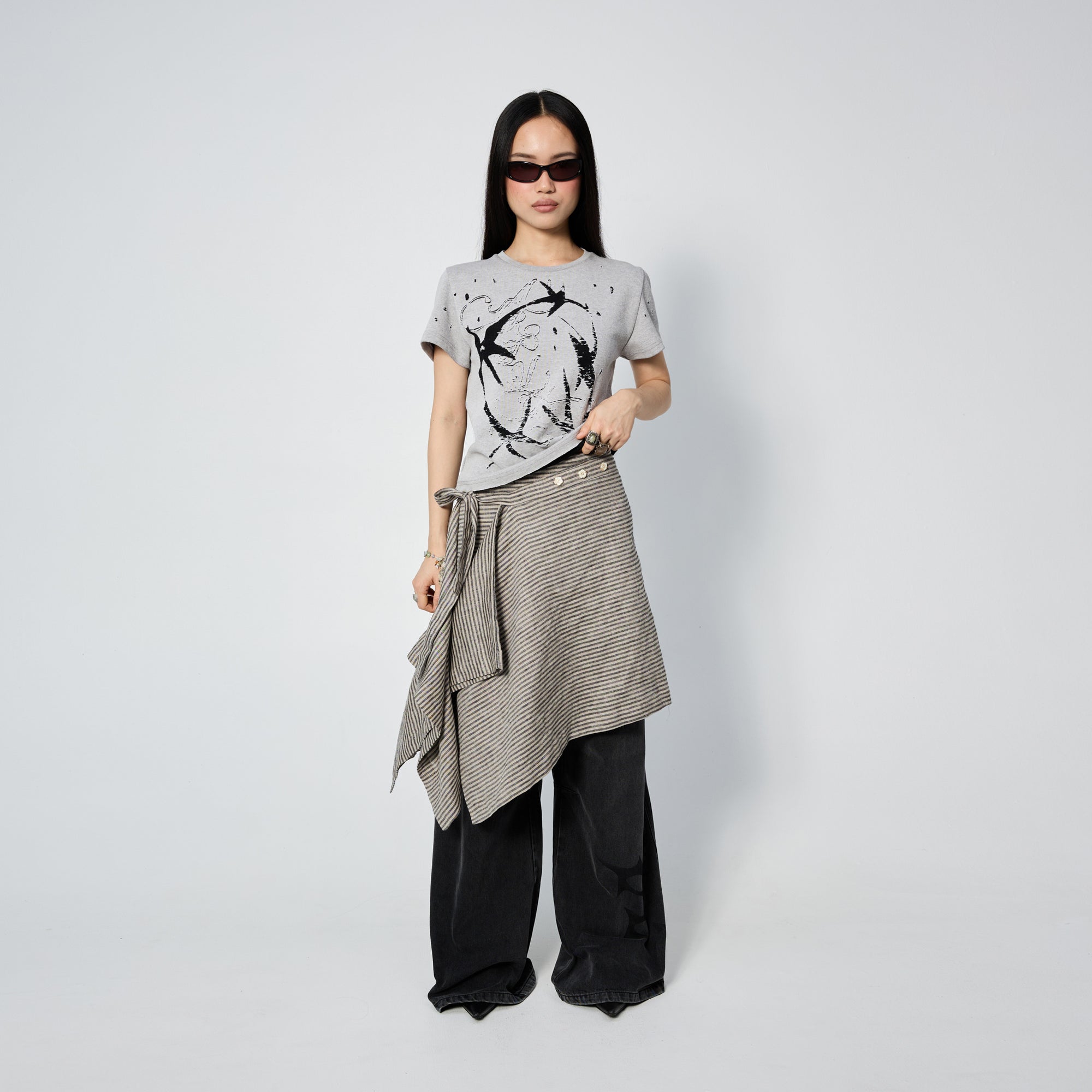 Arthur Apparel rectangle skirt with buttons and grey stripes