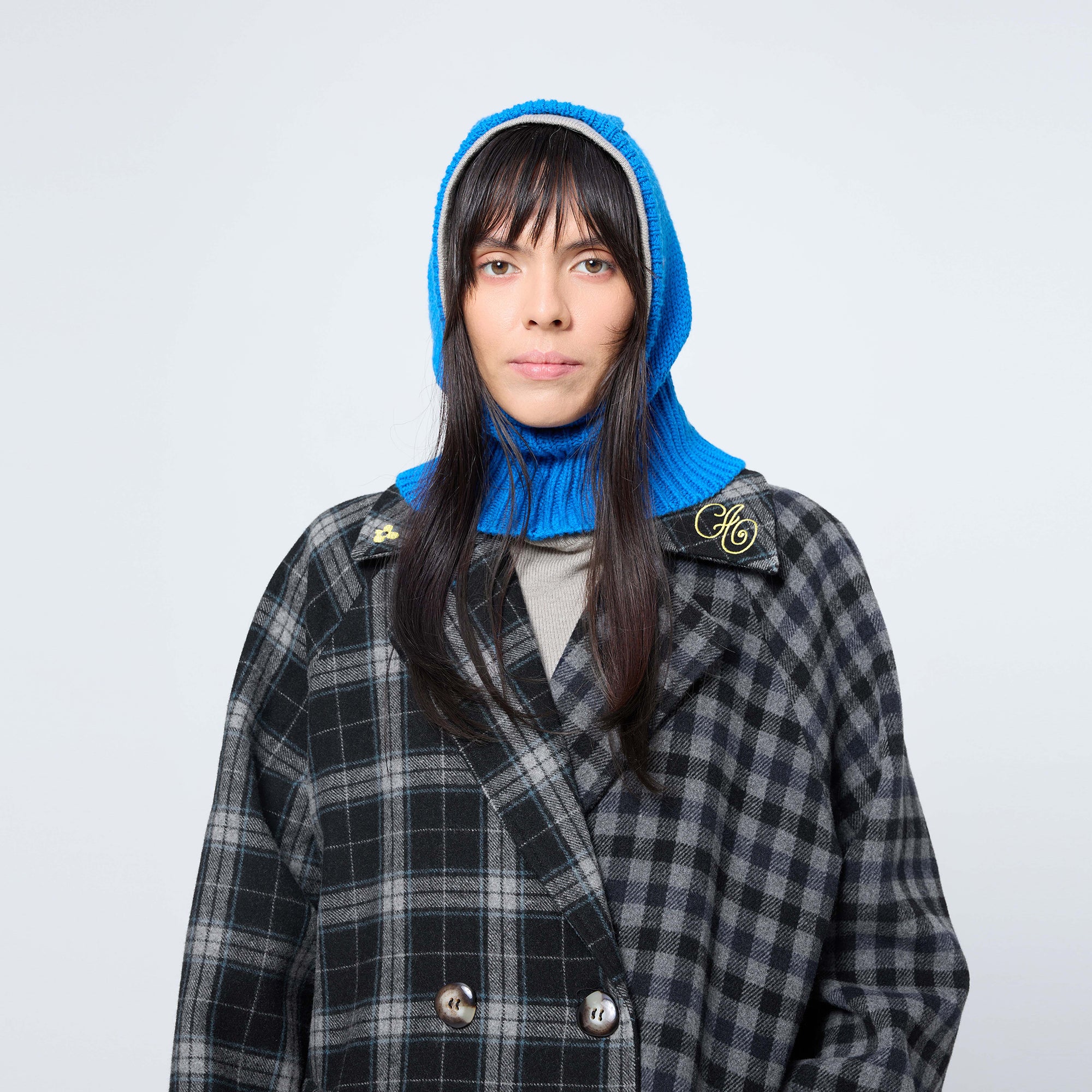 Arthur Apparel oversized double breasted coat in black and grey tones with embroidered collar