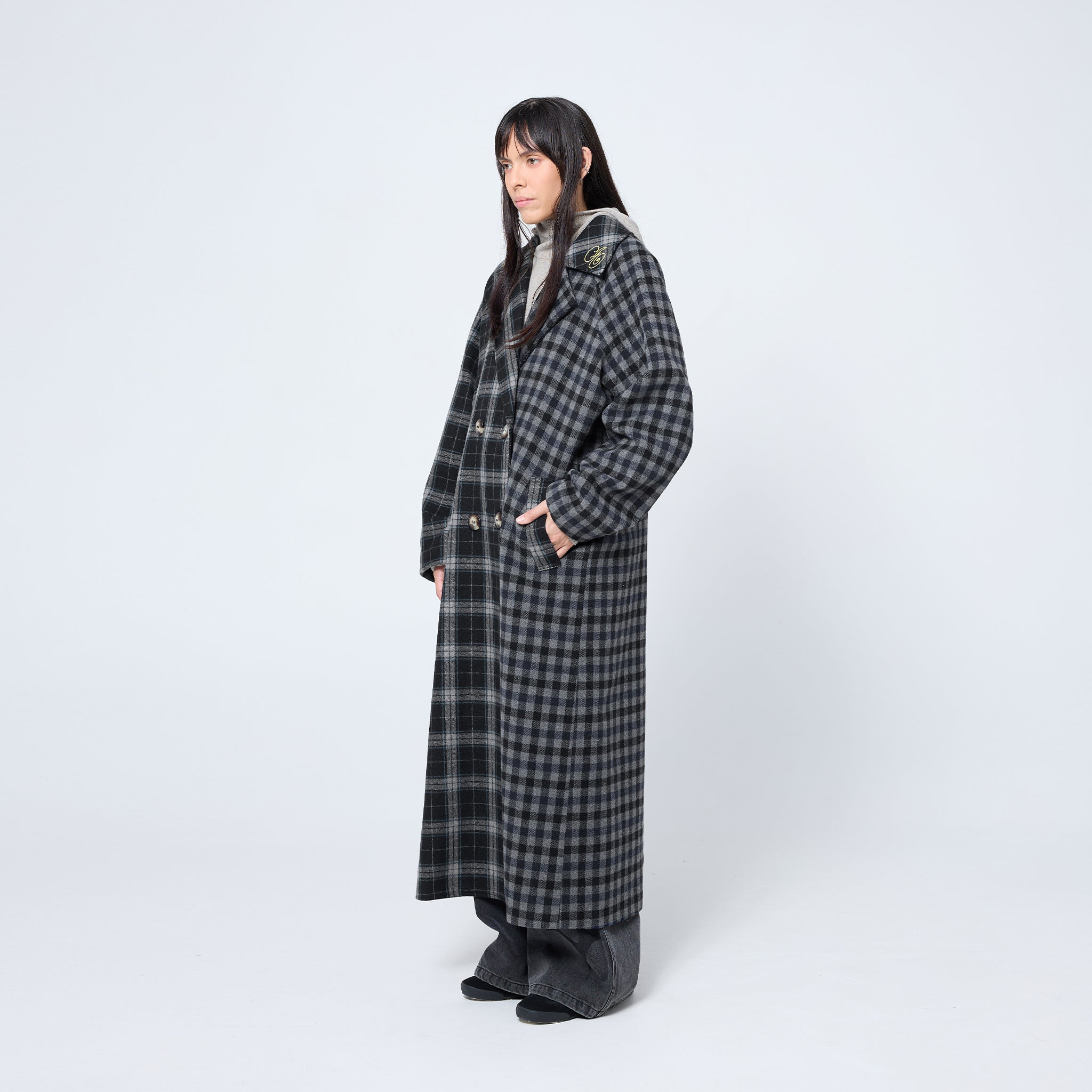 Arthur Apparel oversized double breasted coat in black and grey tones with embroidered collar