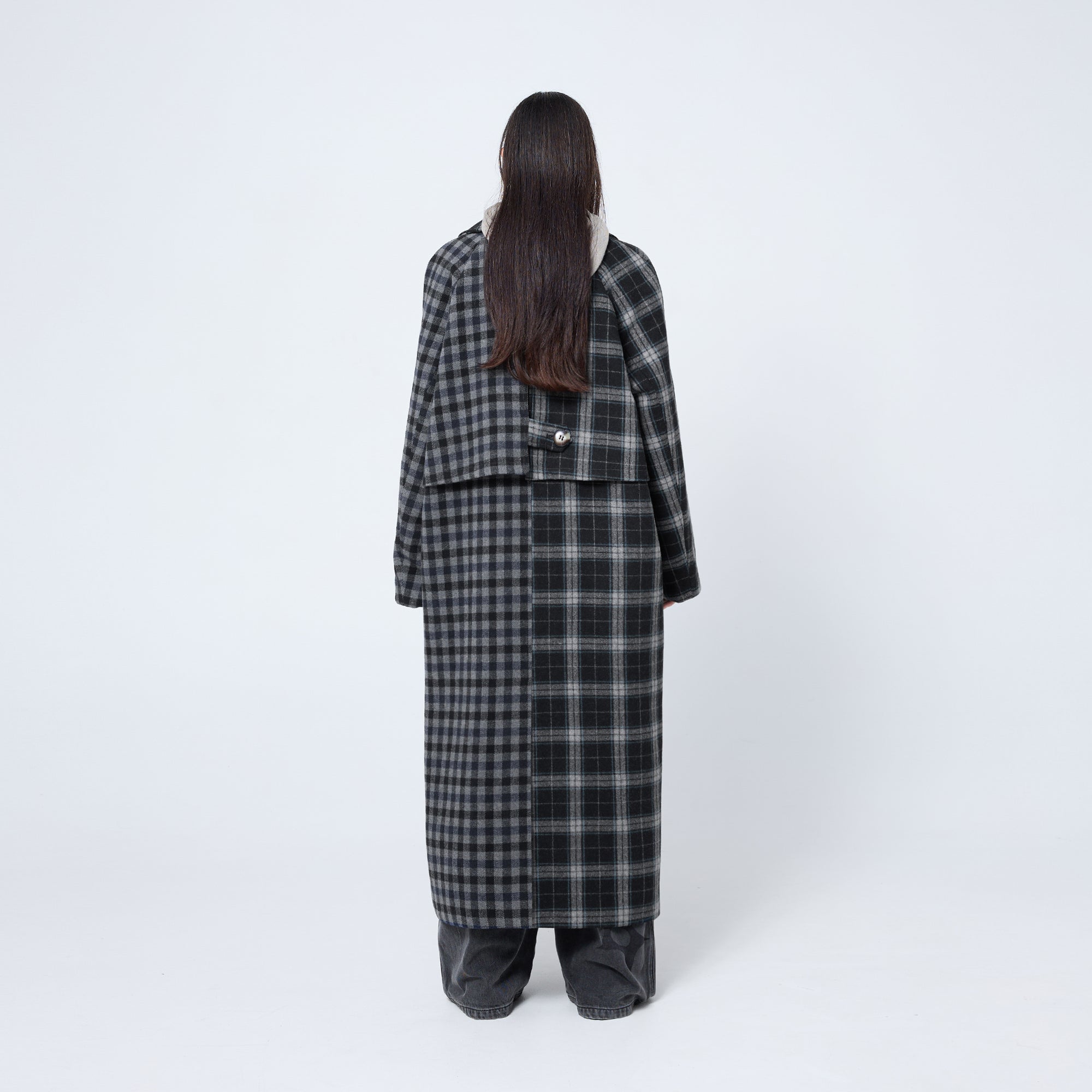Arthur Apparel oversized double breasted coat in black and grey tones with embroidered collar