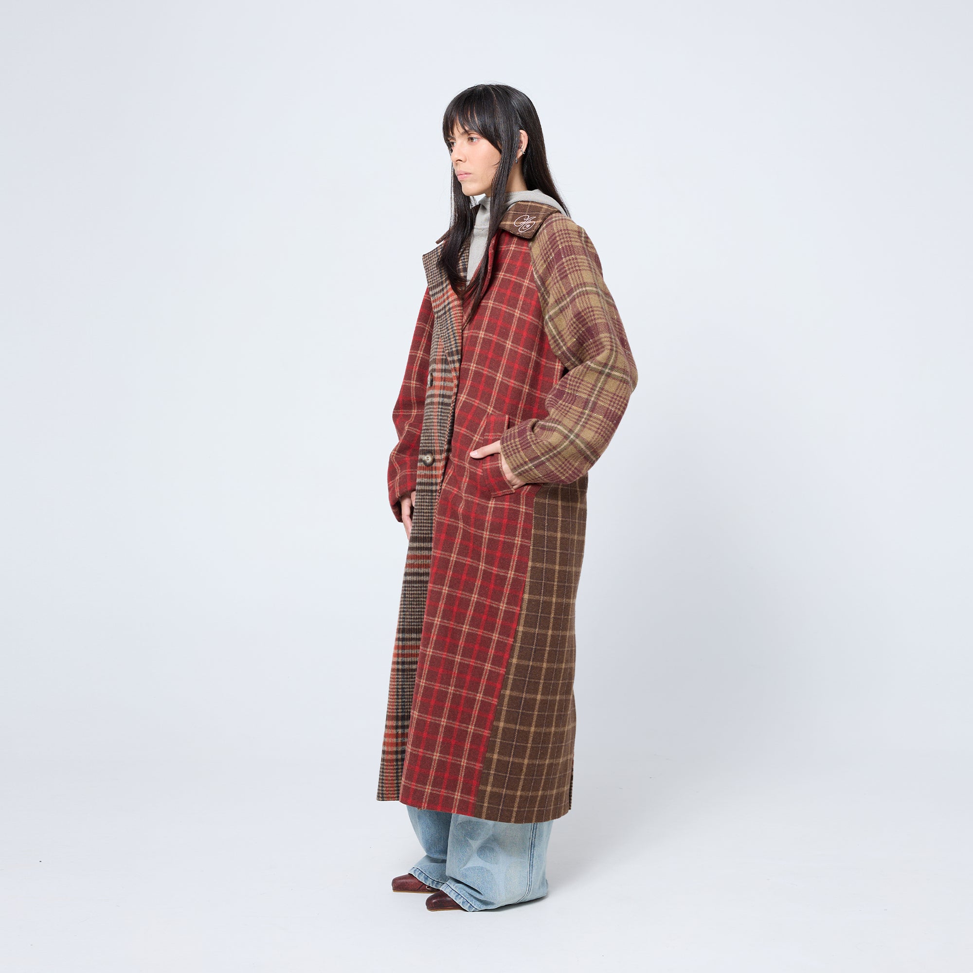 Arthur Apparel oversized double breasted coat in red tones with pink embroidered collar