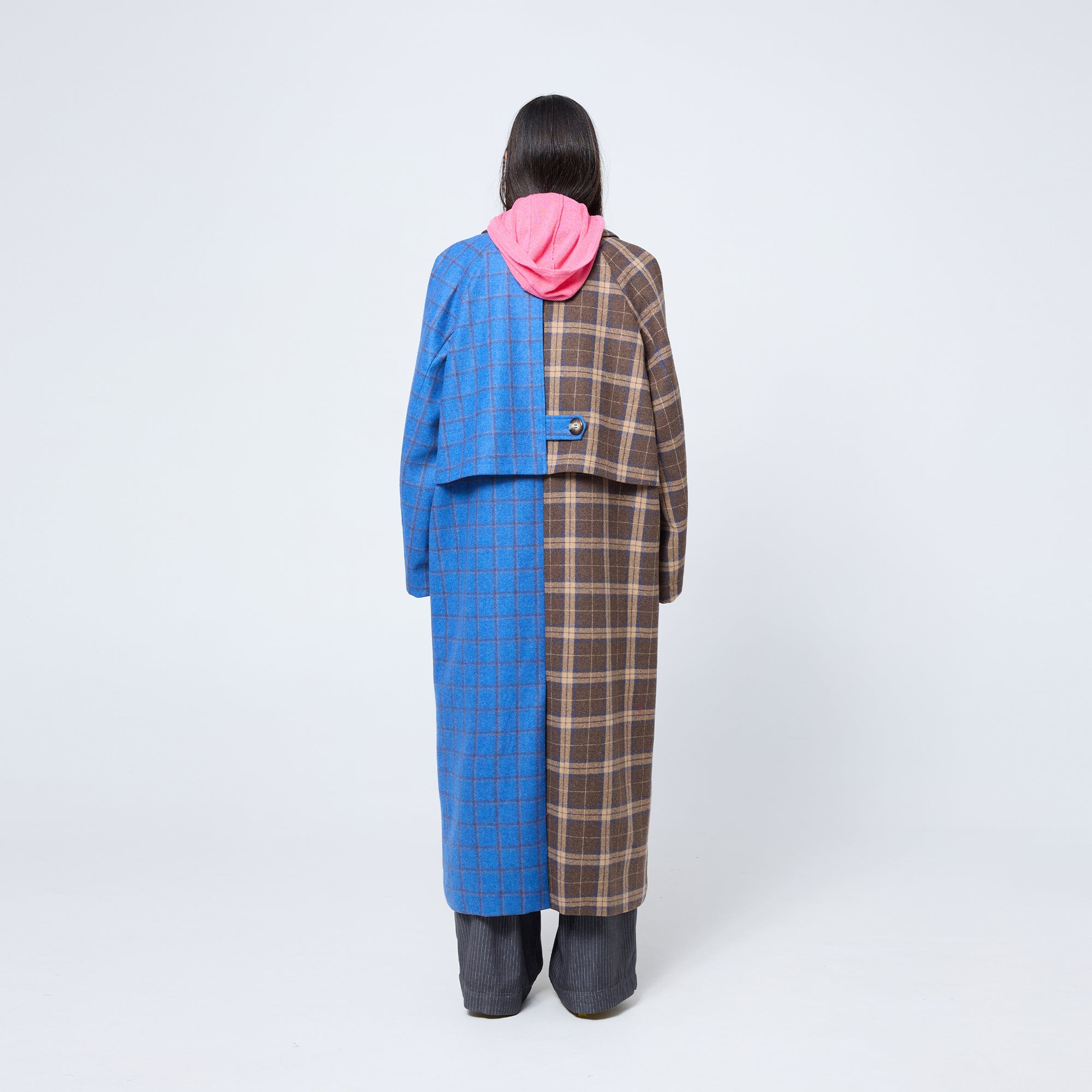 Arthur Apparel oversized double breasted coat in blue and brown plaid wool blend fabric