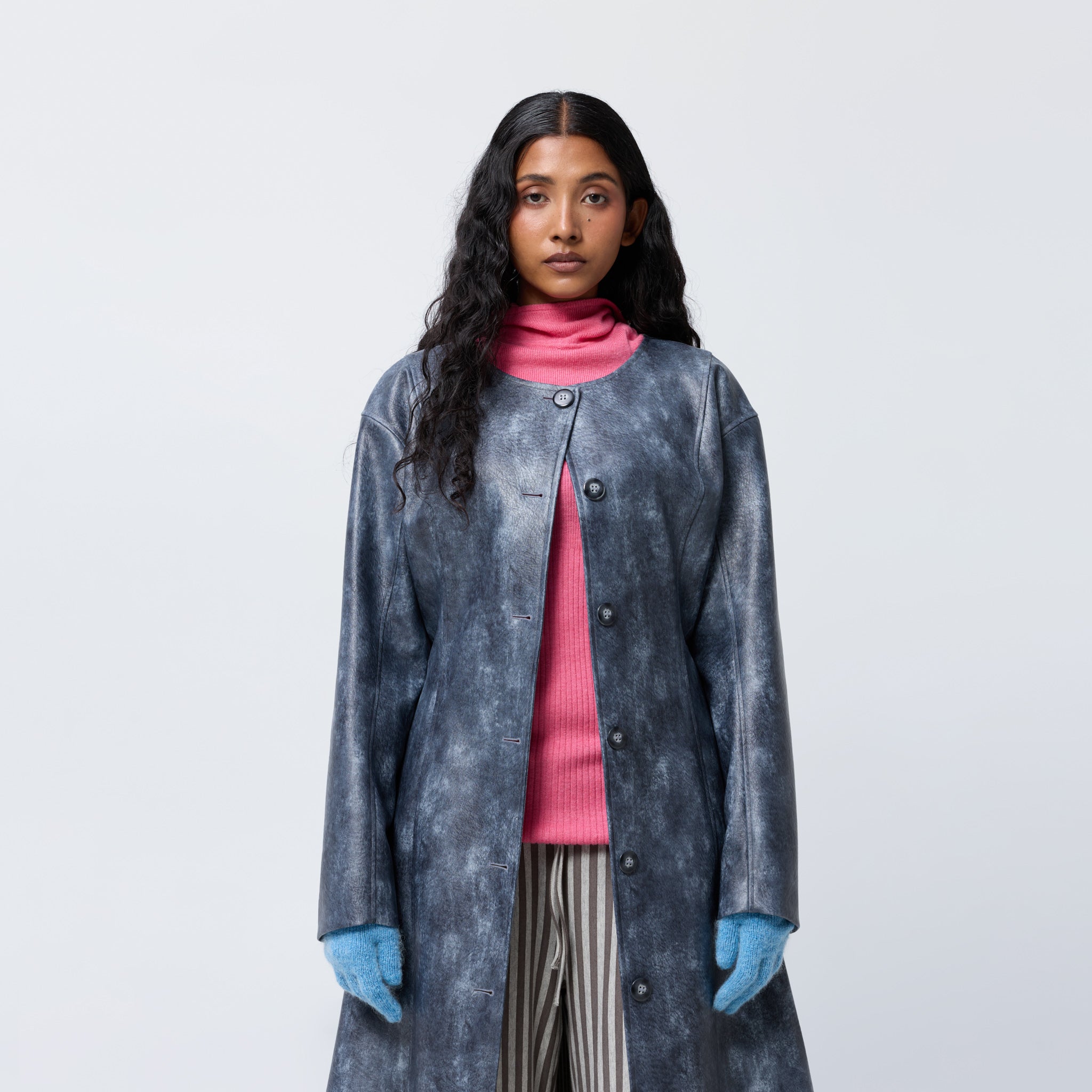 Arthur Apparel smoke blue faux leather button-front trench coat with panelled waist shaping