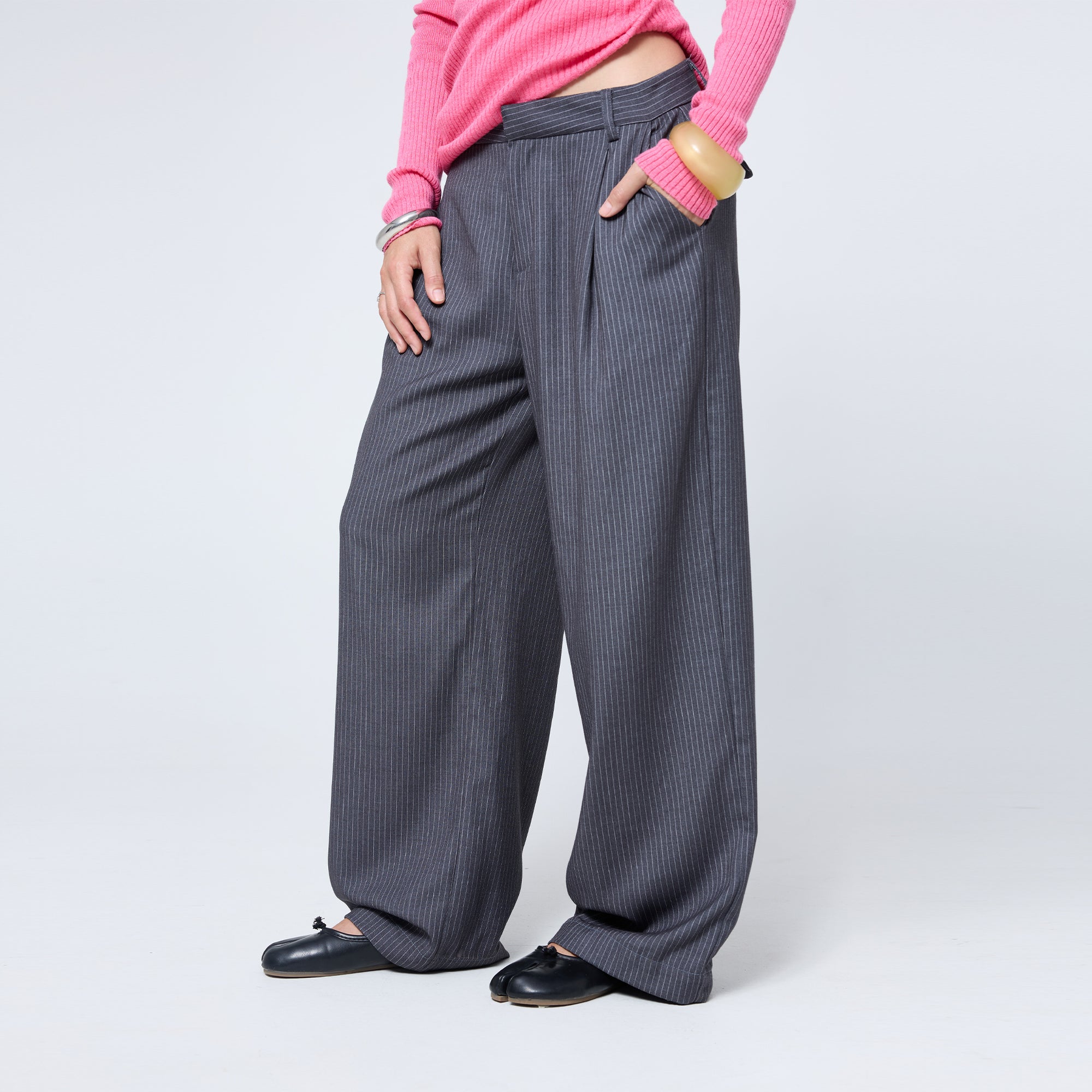 Slouchy Pleat Pant in Grey Pinstripe