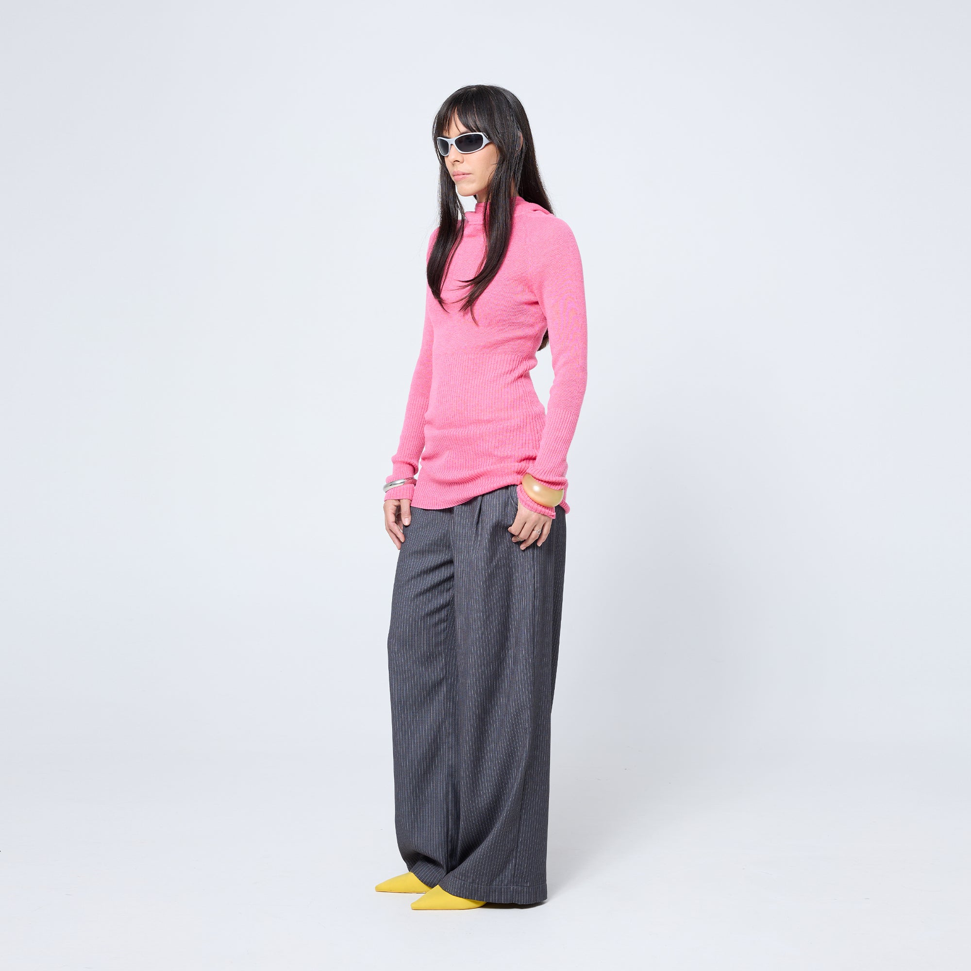 Slouchy Pleat Pant in Grey Pinstripe