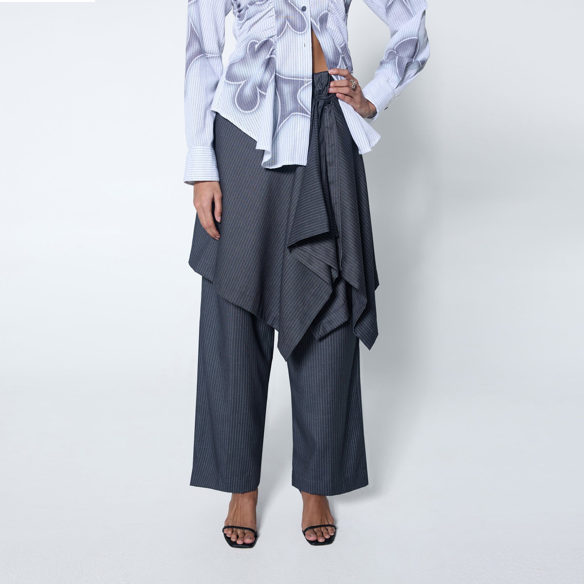 Arthur Apparel wrap skirt in grey pinstripe suiting