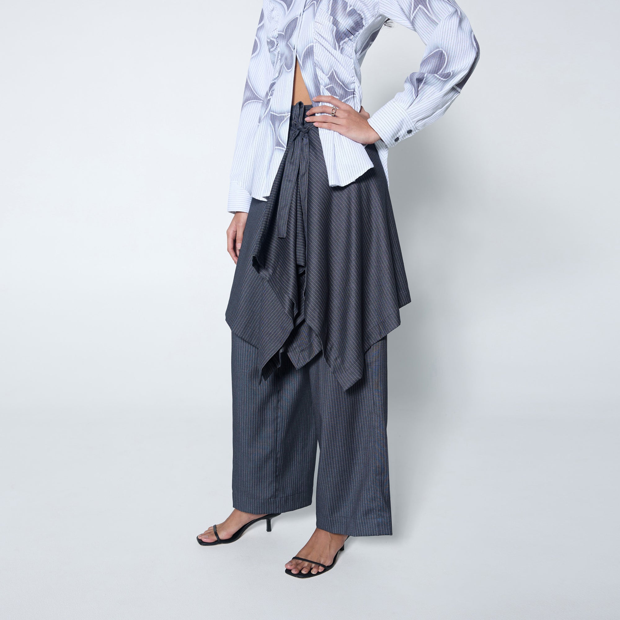 Arthur Apparel wrap skirt in grey pinstripe suiting