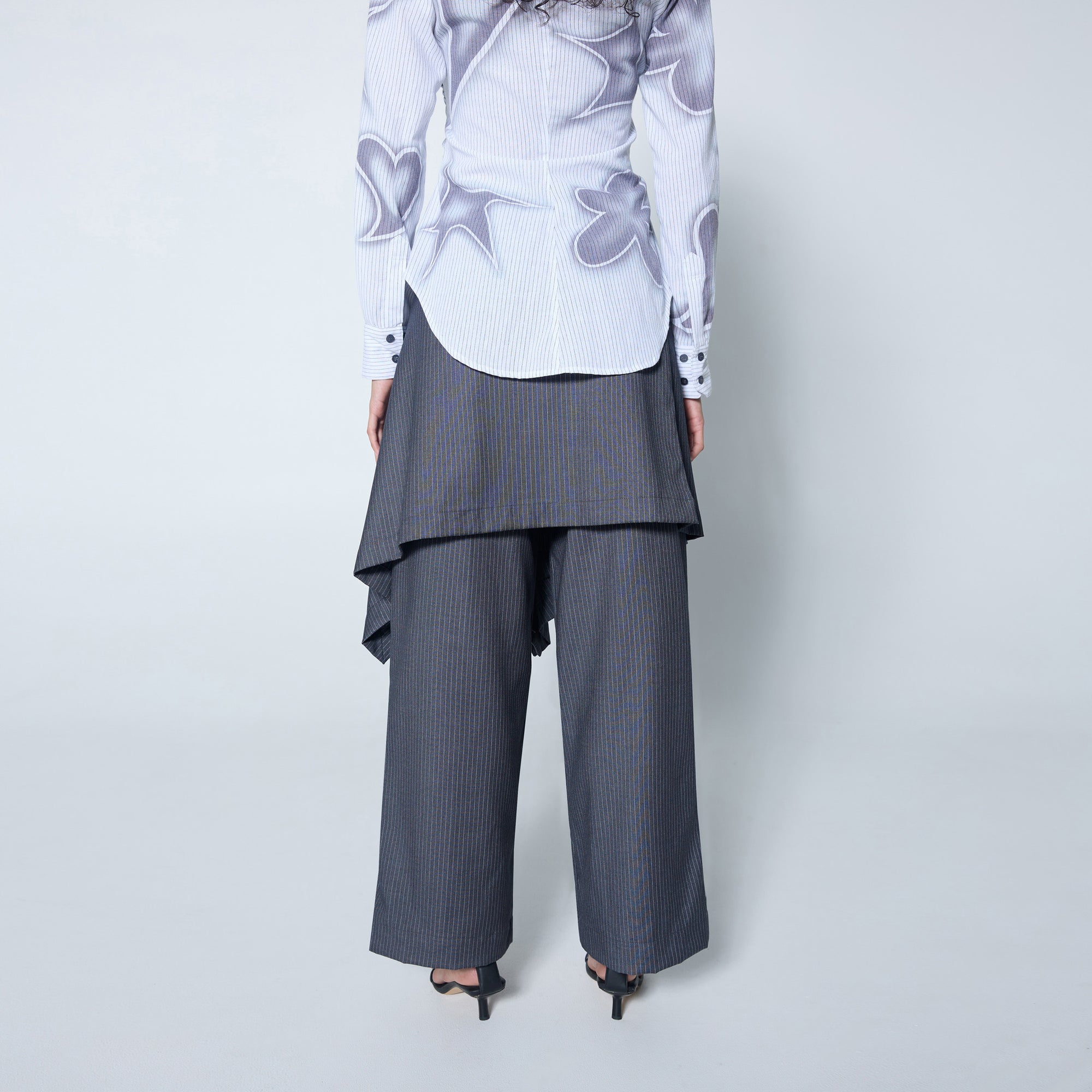 Arthur Apparel wrap skirt in grey pinstripe suiting