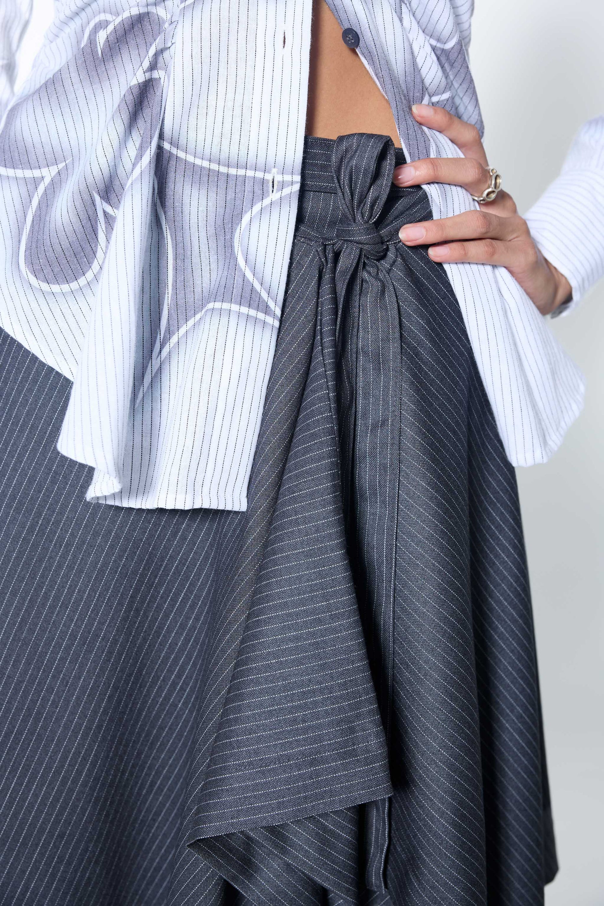 Arthur Apparel wrap skirt in grey pinstripe suiting