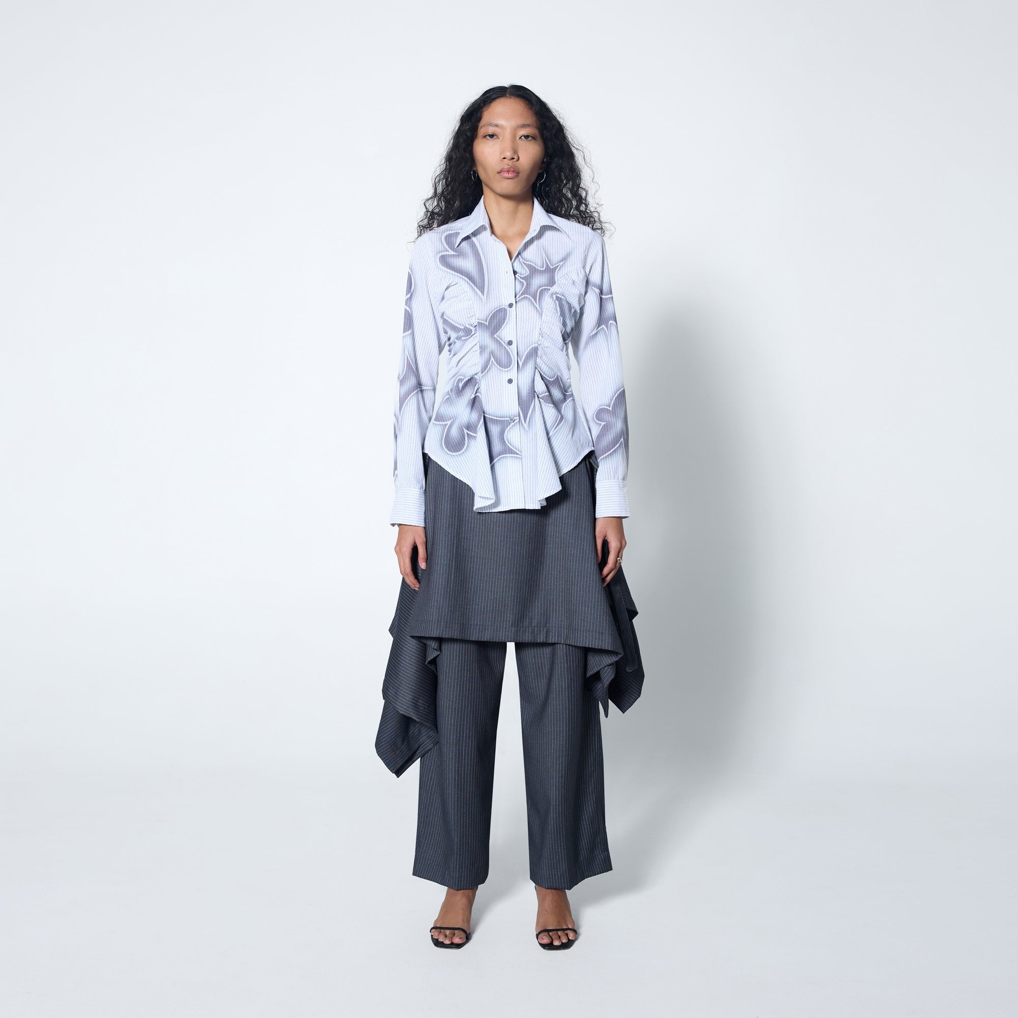 Arthur Apparel wrap skirt in grey pinstripe suiting