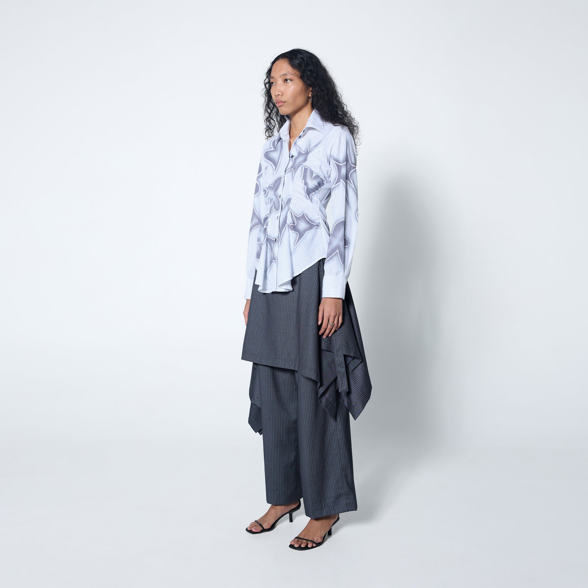 Arthur Apparel wrap skirt in grey pinstripe suiting