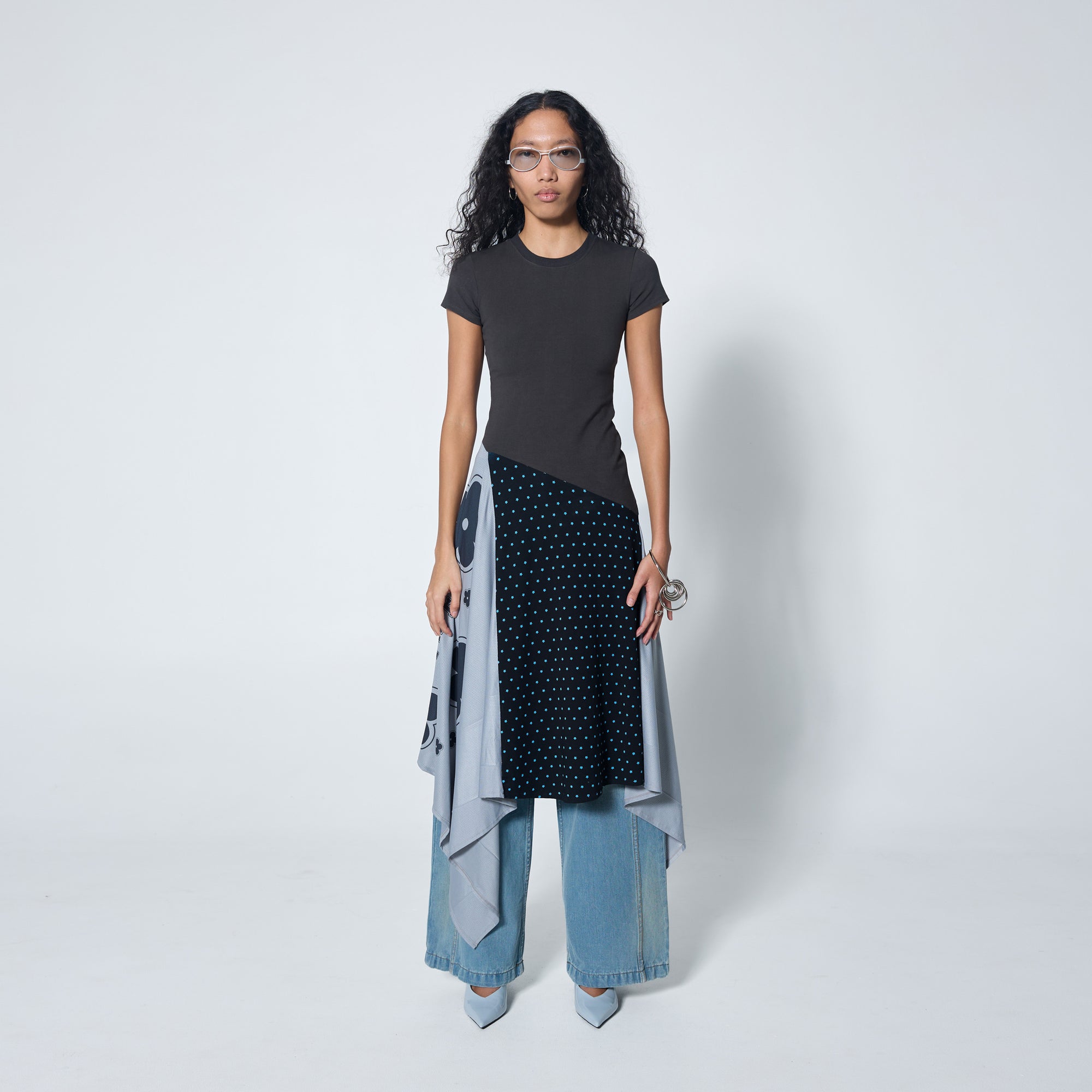 Arthur Apparel cotton blend tshirt drape dress in grey with graphic prints