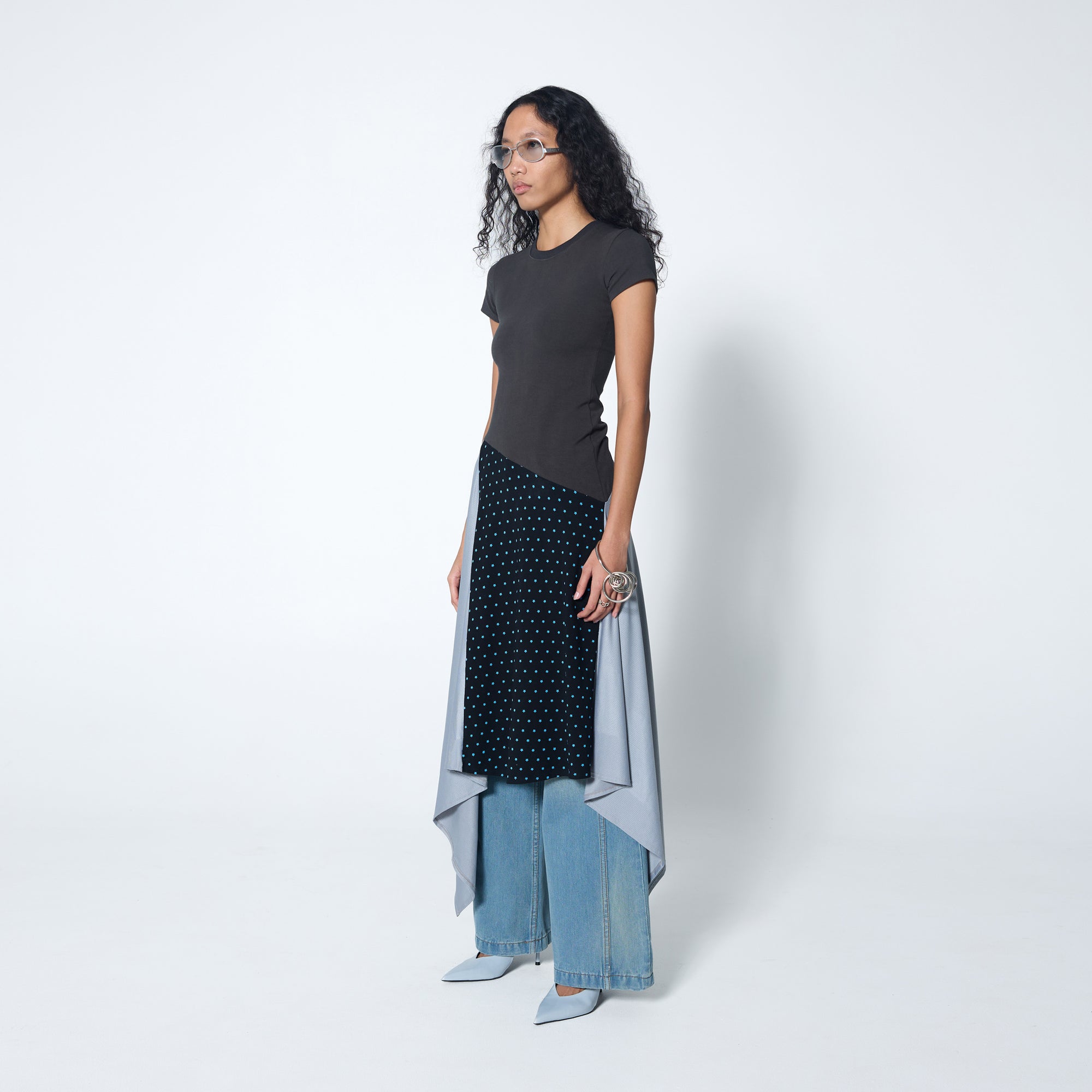 Arthur Apparel cotton blend tshirt drape dress in grey with graphic prints