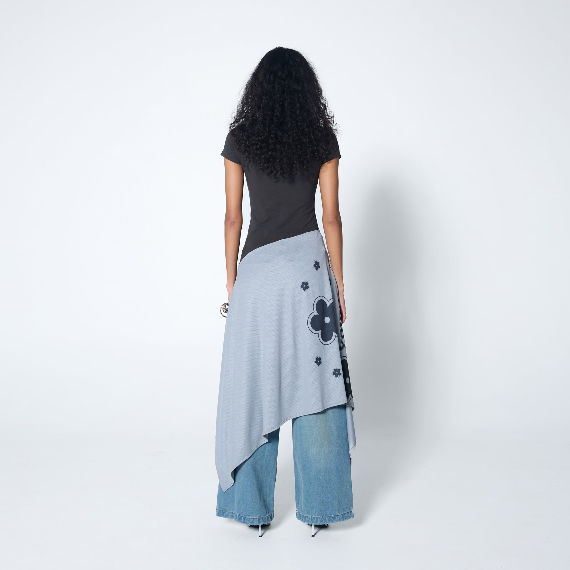 Arthur Apparel cotton blend tshirt drape dress in grey with graphic prints