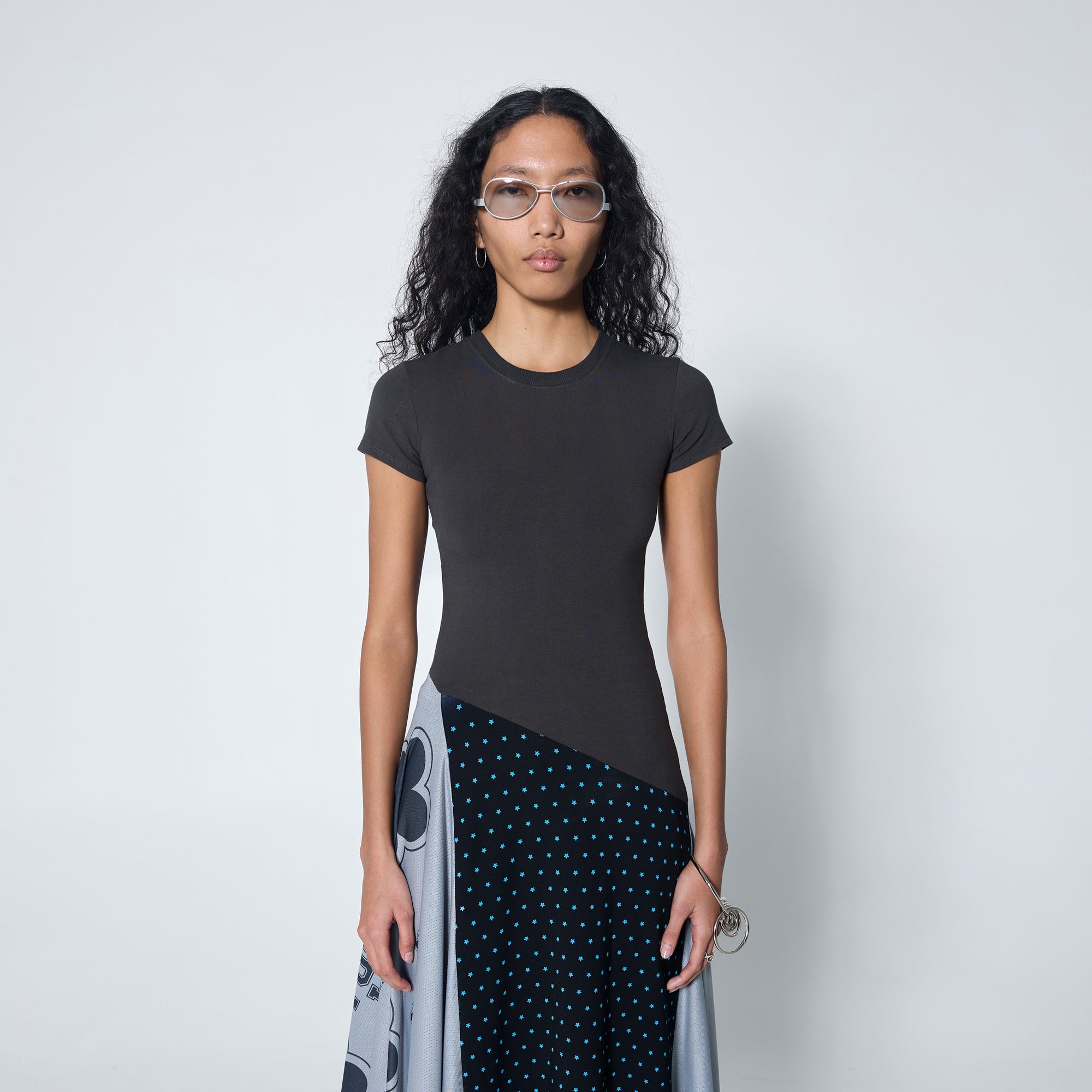 Arthur Apparel cotton blend tshirt drape dress in grey with graphic prints