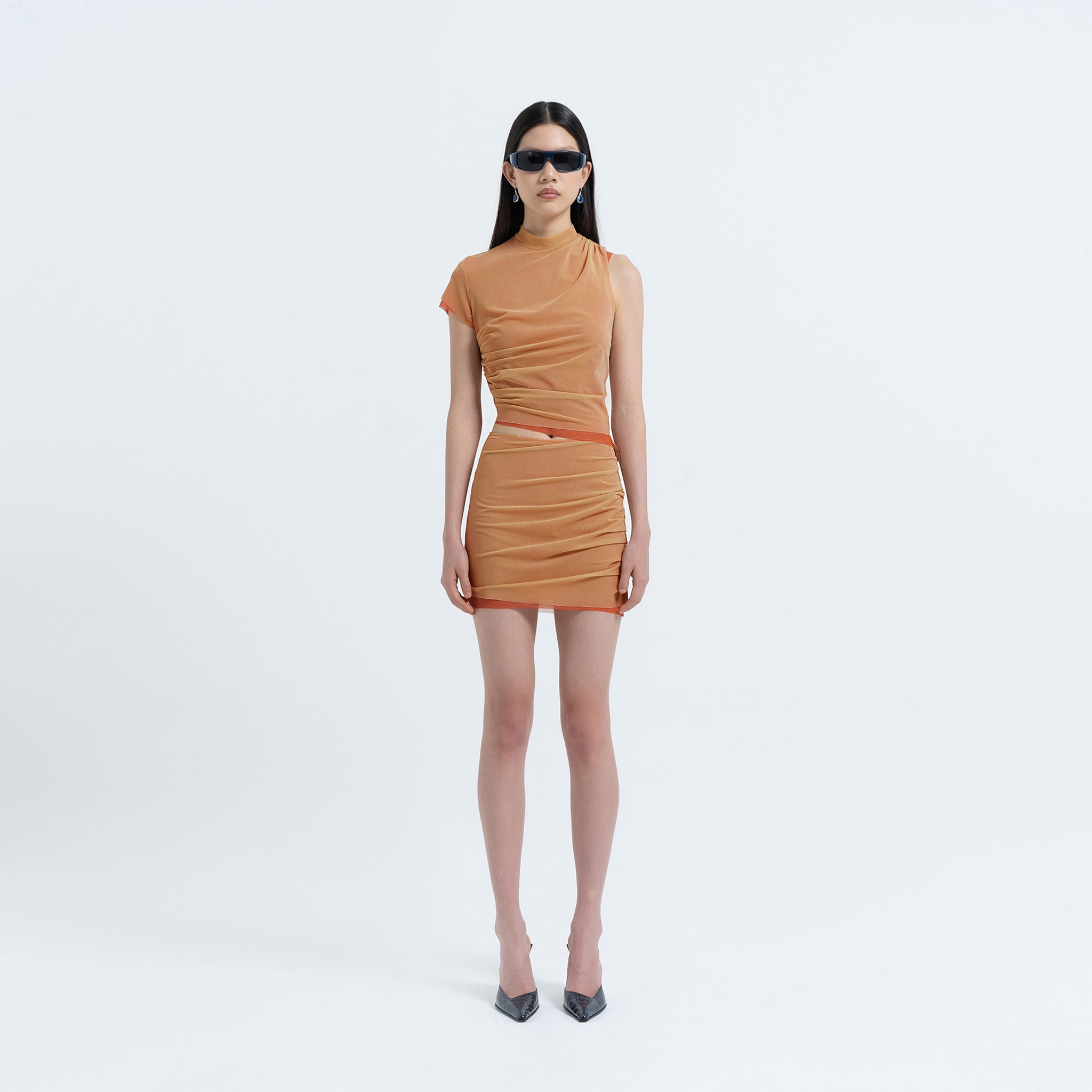 Double Mesh Mini Skirt in Naked/Orange