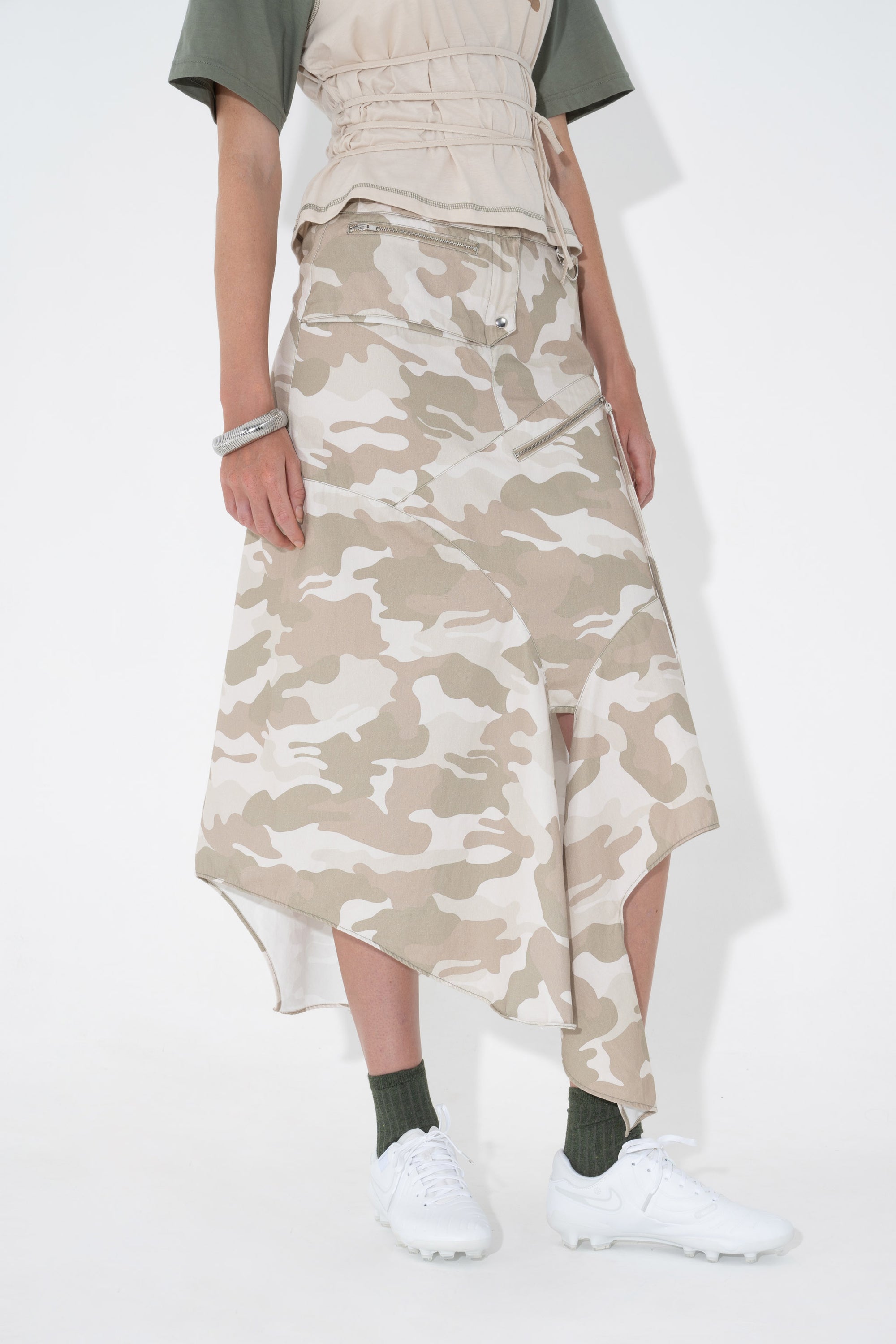 Arthur Apparel Camo Drape Midi Skirt in cotton twill