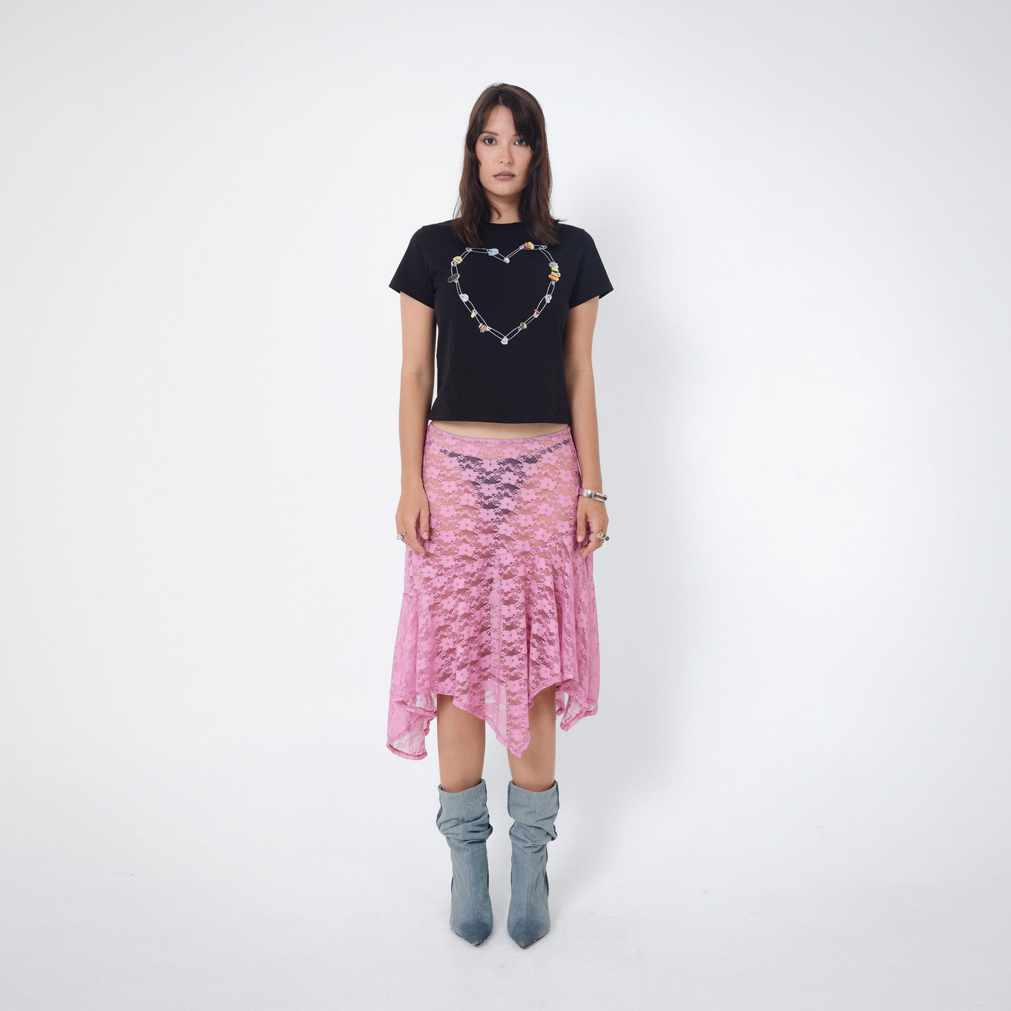 Arthur Apparel mid-length see through lace skirt in green