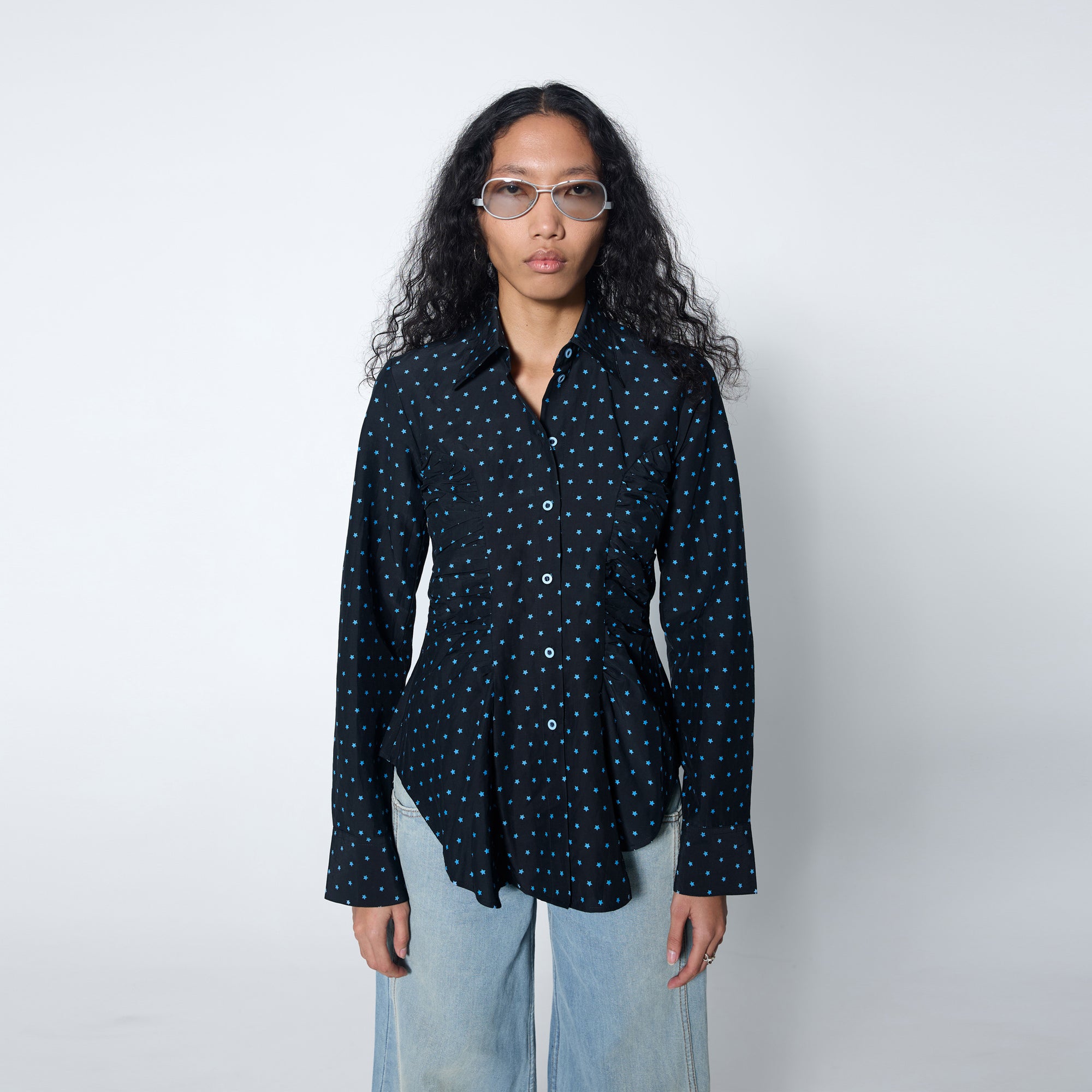 Arthur Apparel black fitted silk cotton shirt with tiny blue star print