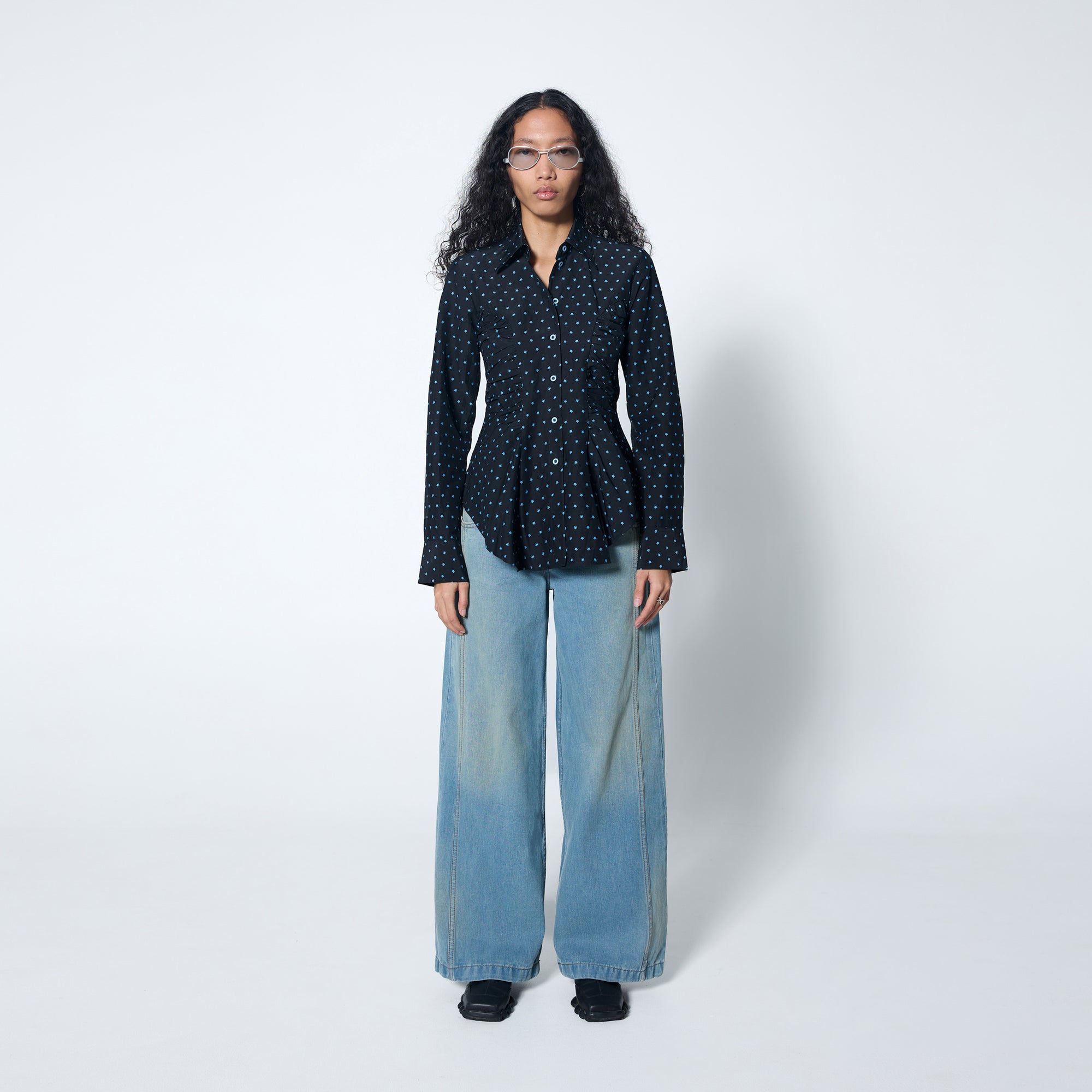 Arthur Apparel black fitted silk cotton shirt with tiny blue star print