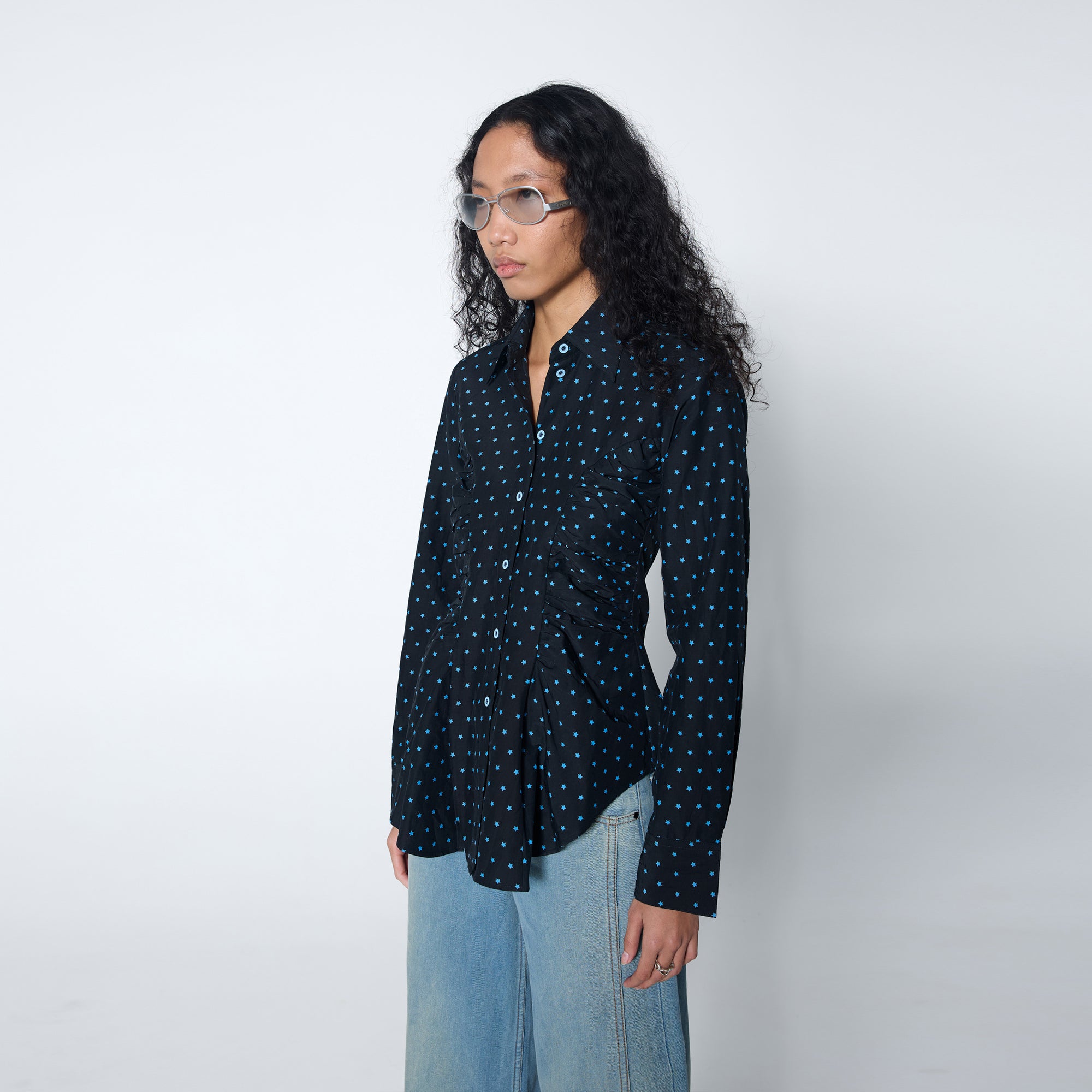 Arthur Apparel black fitted silk cotton shirt with tiny blue star print