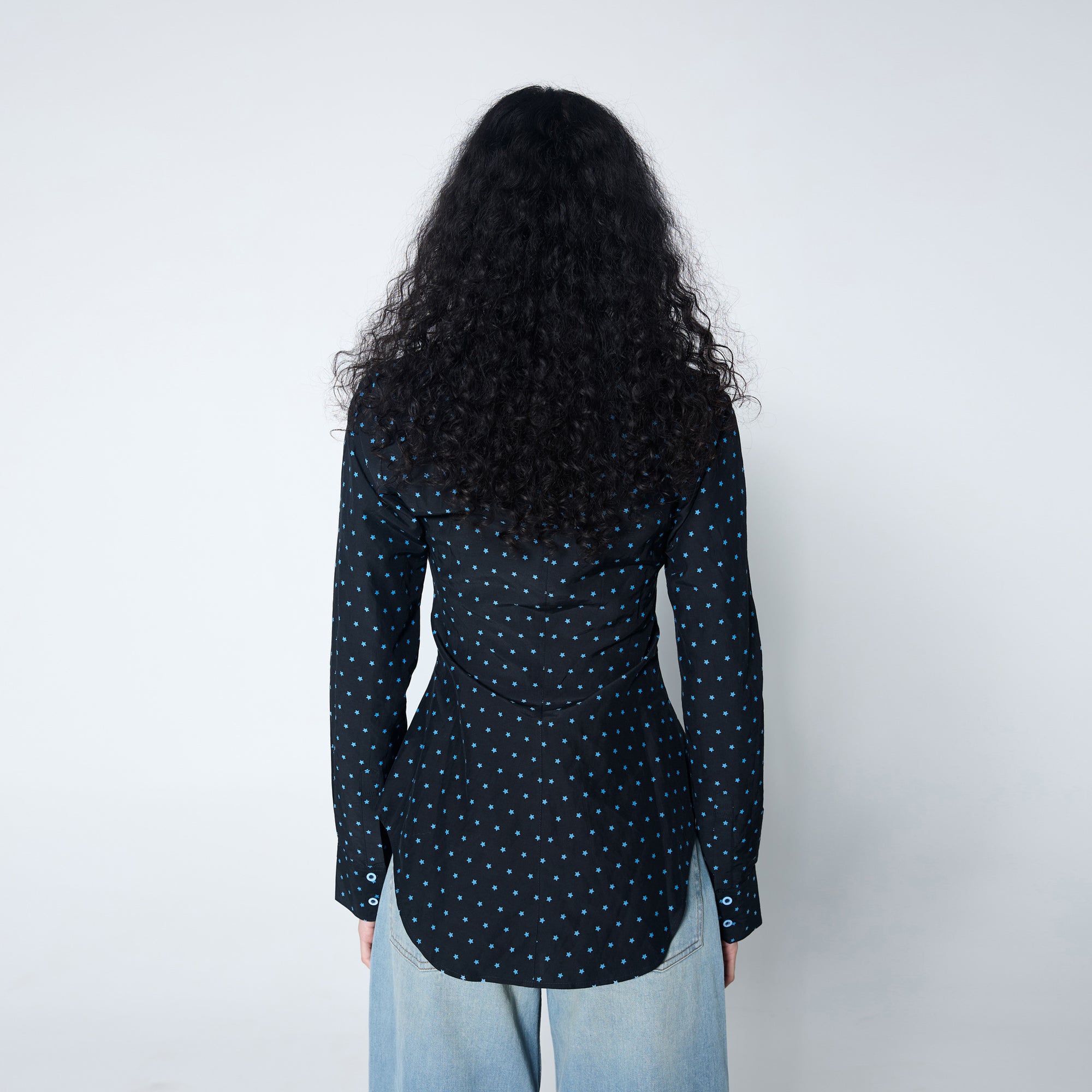 Arthur Apparel black fitted silk cotton shirt with tiny blue star print