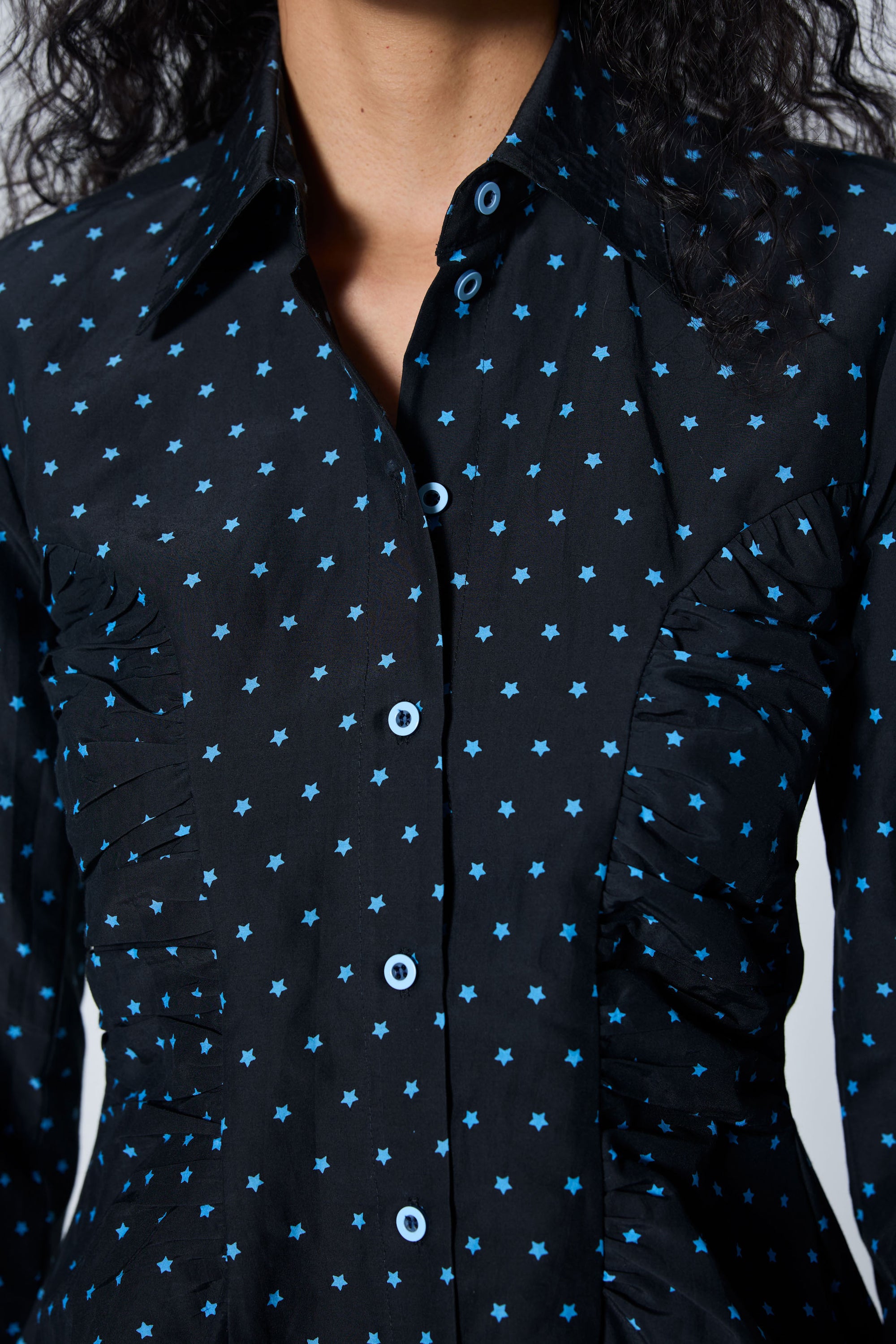 Arthur Apparel black fitted silk cotton shirt with tiny blue star print